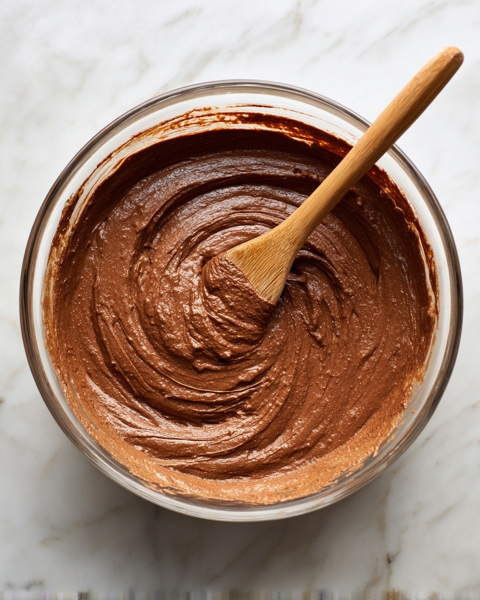 A clear glass bowl filled with smooth, thick chocolate batter of medium brown color, showing soft swirls and some texture from mixing, with a wooden spoon partially covered in the batter resting inside the bowl. The bowl sits on a white marbled surface with subtle gray veins visible. photo taken with an iphone --ar 4:5 --v 7
