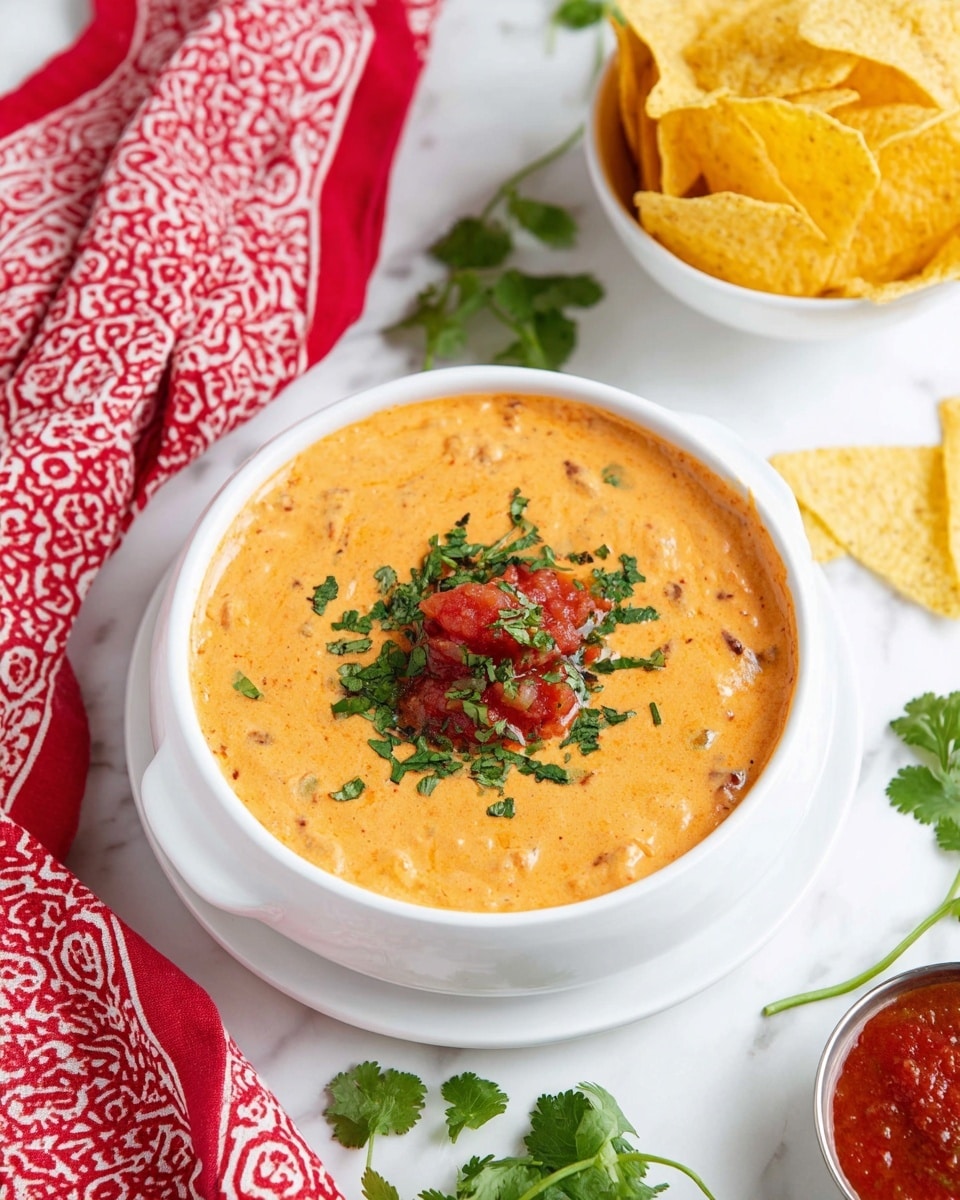 A white bowl filled with thick, creamy orange dip that has a slightly chunky texture, garnished with small green herb pieces and a dollop of red salsa in the center. A woman's hand is dipping a triangular beige tortilla chip with visible grain texture into the dip. The background has a white marbled look with some blurred tortilla chips visible behind the bowl. photo taken with an iphone --ar 4:5 --v 7