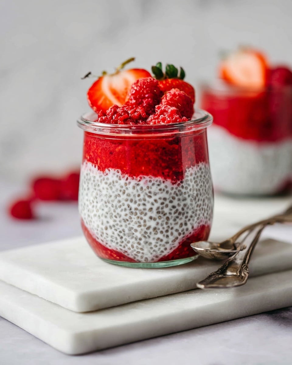 The image shows a clear glass jar with three visible layers: at the bottom, a red fruit puree layer with a smooth texture; above it, a thick white chia seed pudding layer with small black seeds evenly spread out; and on top, a bright red layer of crushed berries topped with a halved strawberry and a whole raspberry. The jar is placed on two stacked white marble slabs with a white marbled surface in the background. Nearby, a vintage silver spoon rests on the surface, and a blurred second jar with similar contents is visible behind the main jar. Photo taken with an iphone --ar 4:5 --v 7