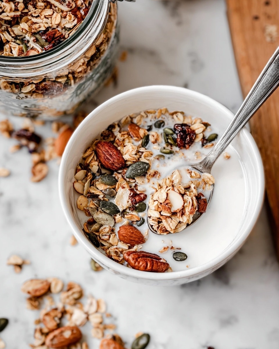 A white bowl filled with white milk, topped with a mix of oats, almonds, pumpkin seeds, and other small seeds in a layered texture evenly spread on the surface. Two silver spoons rest inside the bowl, one slightly submerged and the other crossing over the first. Nearby, a glass jar is filled with the same oat and seed mix, with some spilled onto the natural wood textured table. A white glass of milk sits beside the jar, completing the scene on the table. photo taken with an iphone --ar 4:5 --v 7