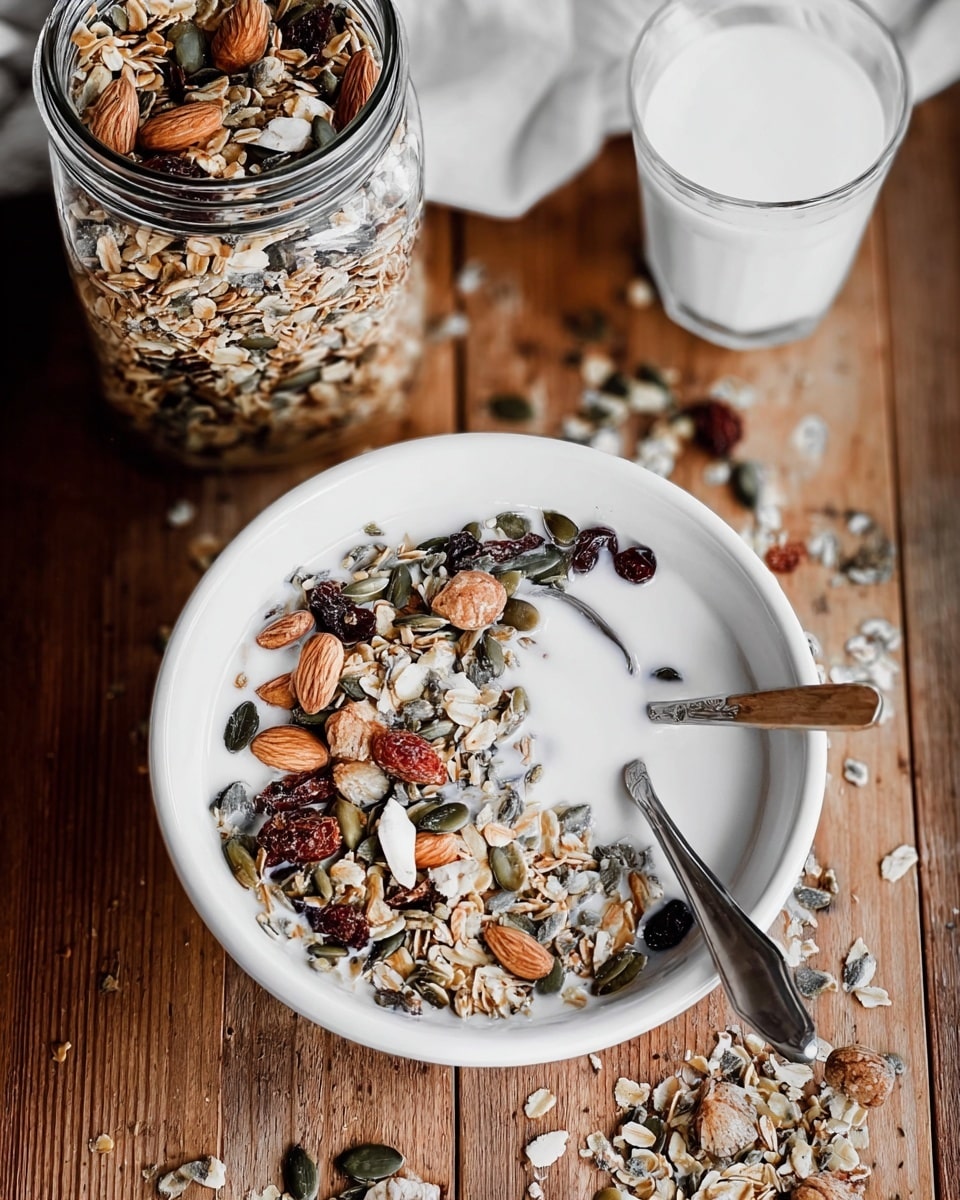 A white bowl filled with a mix of milk and granola cereal sits on a white marbled texture. The granola layer shows a mix of light brown toasted oats, dark brown nuts including whole almonds and pecans, and dark green pumpkin seeds scattered throughout. A silver spoon is partially submerged in the bowl, holding a bite-sized mix of milk-soaked granola and nuts. In the background, there is a glass jar filled with granola, showing the same textures and colors. Some loose granola pieces are scattered around the bowl on the white marbled texture. photo taken with an iphone --ar 4:5 --v 7