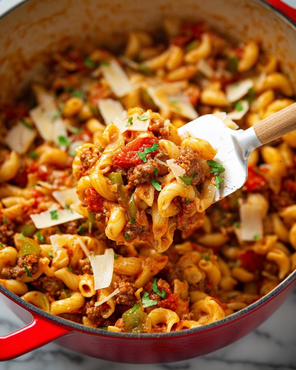A close-up view of a white bowl filled with a mixed dish featuring three main layers: curved, pale yellow elbow macaroni as the base; mixed in with ground brown meat chunks and small diced pieces of green bell pepper; and scattered red tomato pieces throughout, lightly coated in a glossy sauce, garnished with small green parsley leaves on top. The bowl sits on a white marbled textured surface. photo taken with an iphone --ar 4:5 --v 7