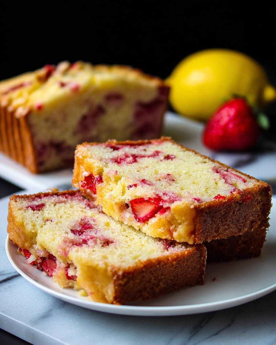 The image shows a loaf of strawberry bread cut into six thick slices, stacked slightly askew to reveal the texture inside. The top layer has a golden-brown crust with bright red strawberry pieces scattered unevenly, some deeply embedded and others closer to the surface. The inside layers are pale yellow with bits of red strawberry showing through, creating a soft, moist texture. The bread rests on a white marbled surface, with parts of a serrated knife visible underneath the loaf, and there are whole strawberries and a yellow lemon blurred in the background. photo taken with an iphone --ar 4:5 --v 7