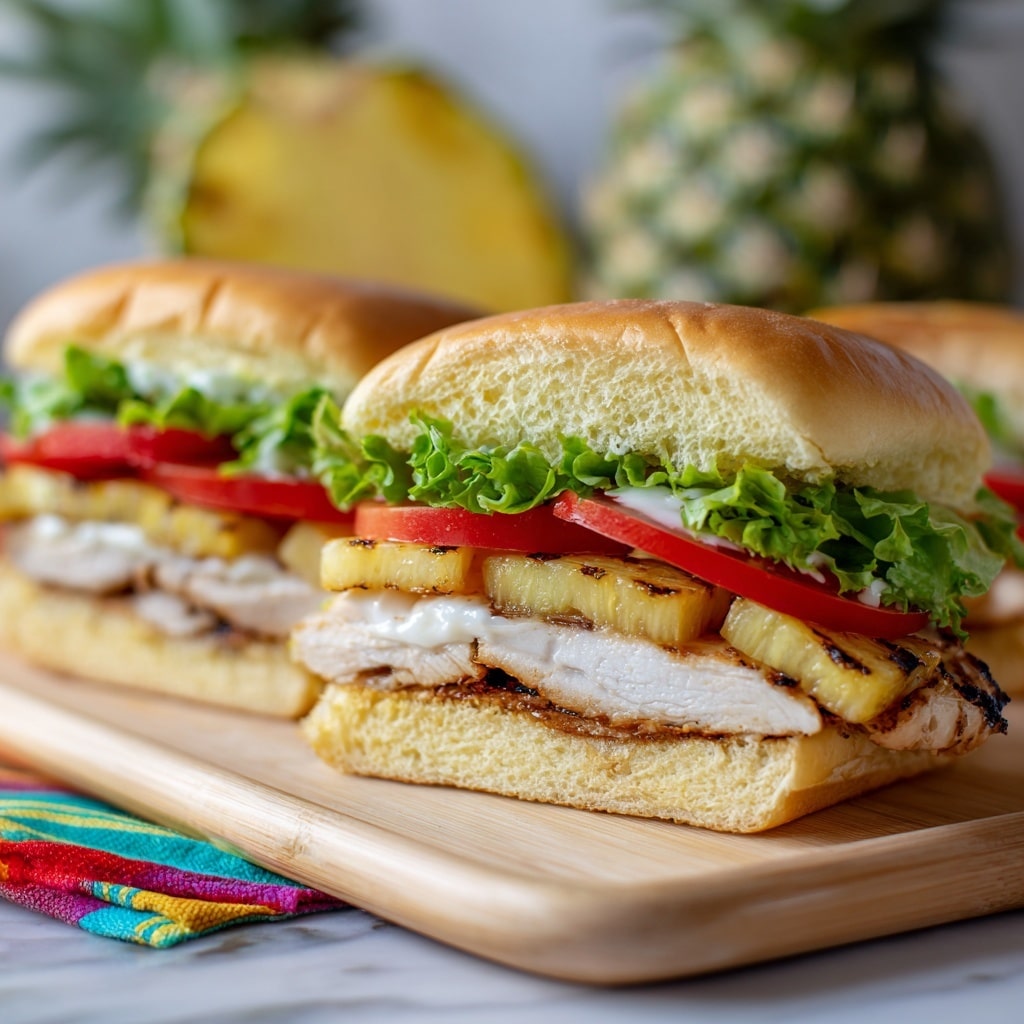 A close-up image of a sandwich on a white bun with sesame seeds on top. Starting from the bottom, there is a grilled brown chicken patty, followed by a white slice of cheese, a piece of pink ham, a grilled round pineapple slice with grill marks, fresh green curly lettuce, and two thick red tomato slices, all held together by the soft top bun. The sandwich sits on a light wooden board with a white marbled surface in the background. A colorful striped cloth with blue, pink, orange, and yellow stripes is partially visible behind the sandwich. Another sandwich, similar in look, is slightly visible to the right. photo taken with an iphone --ar 4:5 --v 7