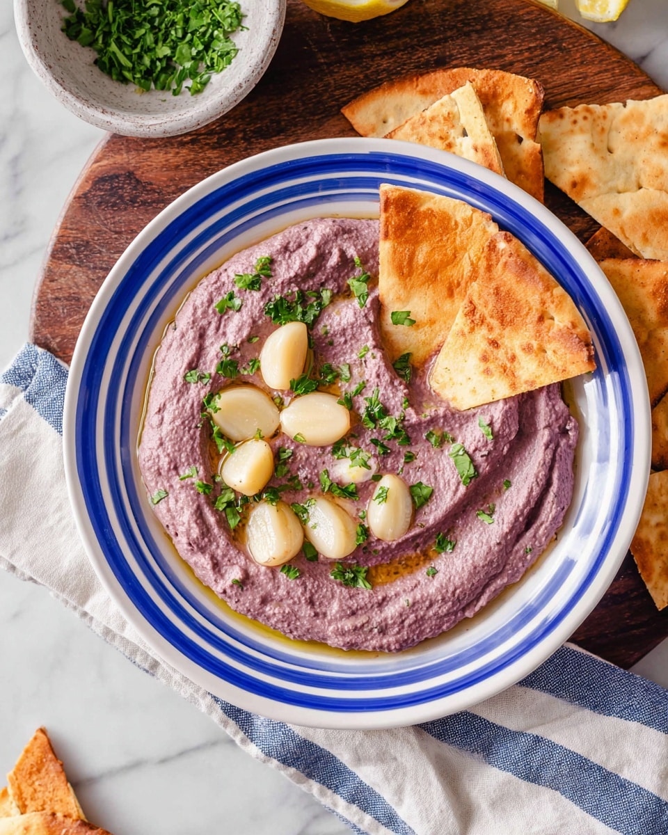 A white plate with blue rings holds a thick swirl of purple hummus spread evenly to cover the plate’s base. On top of the hummus are several roasted garlic cloves arranged mostly in the middle swirl, with a drizzle of golden olive oil pooling slightly around them. Small scattered bright green parsley leaves add color contrast over the surface. Around the plate are some toasted pita chips with light browning edges placed on a white marbled surface, and a small white bowl with green herbs is in the background. photo taken with an iphone --ar 4:5 --v 7