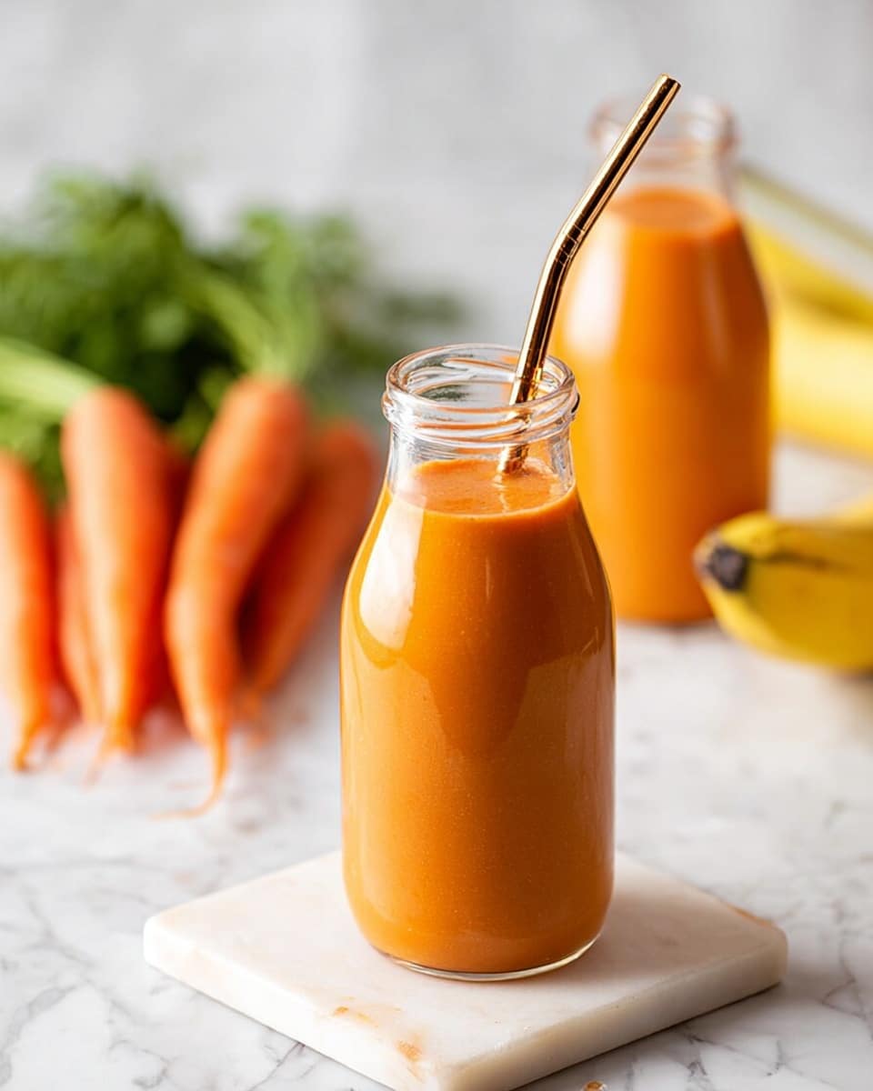 A tall clear glass filled with a smooth orange smoothie, being poured from a transparent bottle just above the glass, creating a small frothy layer on top. The glass is placed on a white square marble slab on a white marbled surface. In the background, out of focus, are yellow bananas and a small white dish with a brown powder. Photo taken with an iphone --ar 4:5 --v 7