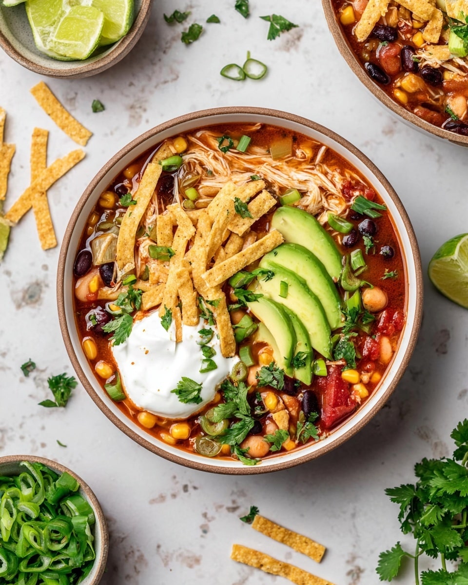 The dish is a vibrant bowl of soup with a base of rich red broth filled with black beans, corn, chickpeas, and shredded chicken, giving it a colorful and hearty look. On top, there are several key layers: a dollop of white sour cream on one side, fanned slices of bright green avocado next to it, and a handful of thin, crispy golden tortilla strips scattered over everything. Fresh green cilantro leaves and sliced green onions are sprinkled throughout, adding freshness and contrast. Lime wedges rest inside the soup near the edge of the bowl, enhancing the dish with a hint of yellow-green. The bowl is white with a slightly raised brown rim, set on a white marbled surface with scattered tortilla strips, lime wedges, cilantro leaves, and small bowls of avocado slices and green onions nearby. Photo taken with an iphone --ar 4:5 --v 7