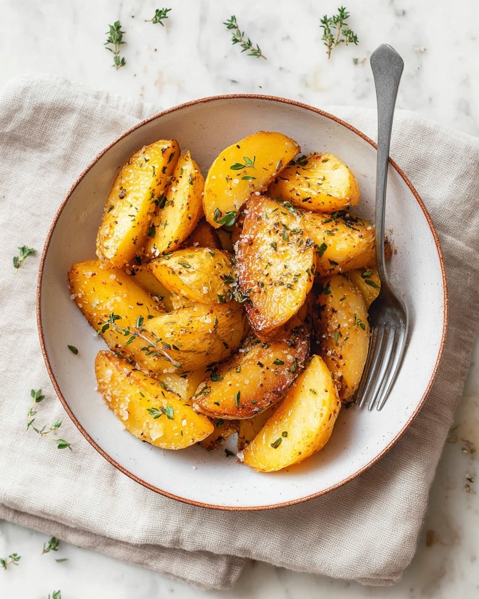 The image shows a white plate with a brown rim filled with golden roasted potato wedges cut into medium-sized pieces. The potatoes have a slightly crispy texture with visible specks of black pepper and coarse salt sprinkled over them. Small green herb leaves, possibly thyme, are scattered on top and around the potatoes, adding a fresh touch. A shiny silver spoon rests on the right side of the plate. The plate is placed on a beige textured cloth with a white marbled surface partially visible underneath. photo taken with an iphone --ar 4:5 --v 7