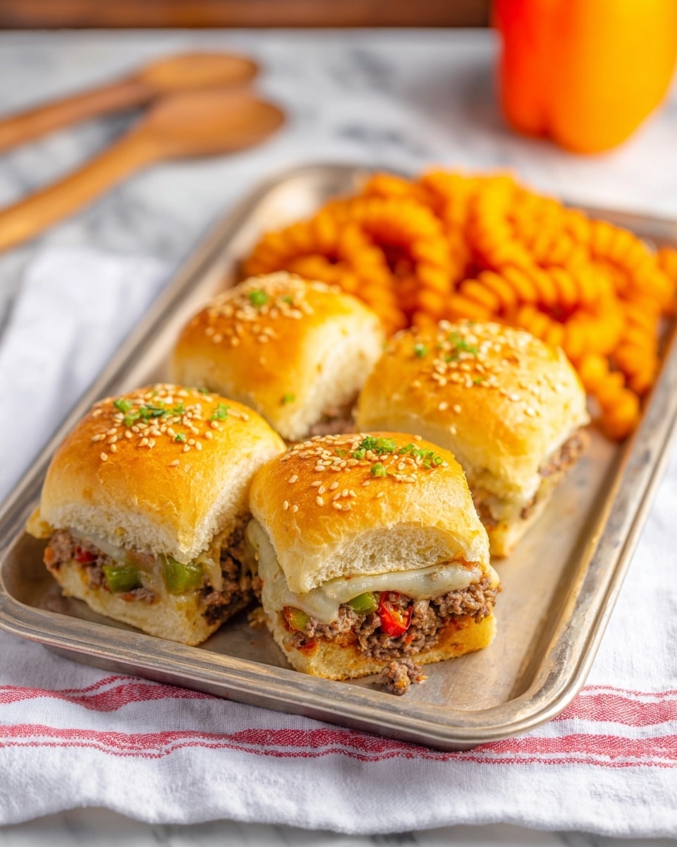 A close-up shot shows a small sandwich being held by a woman's hand. The sandwich has three layers: a soft, golden-brown bun on top sprinkled with light sesame seeds and tiny green herb pieces; a middle layer of melted white cheese and finely crumbled brown ground meat mixed with small red and green vegetable bits; and a bottom layer of the same golden-brown bun. The sandwich looks soft and slightly moist, with the cheese melting into the meat. The background is blurred but shows parts of other sandwiches on a white marbled surface. Photo taken with an iphone --ar 4:5 --v 7