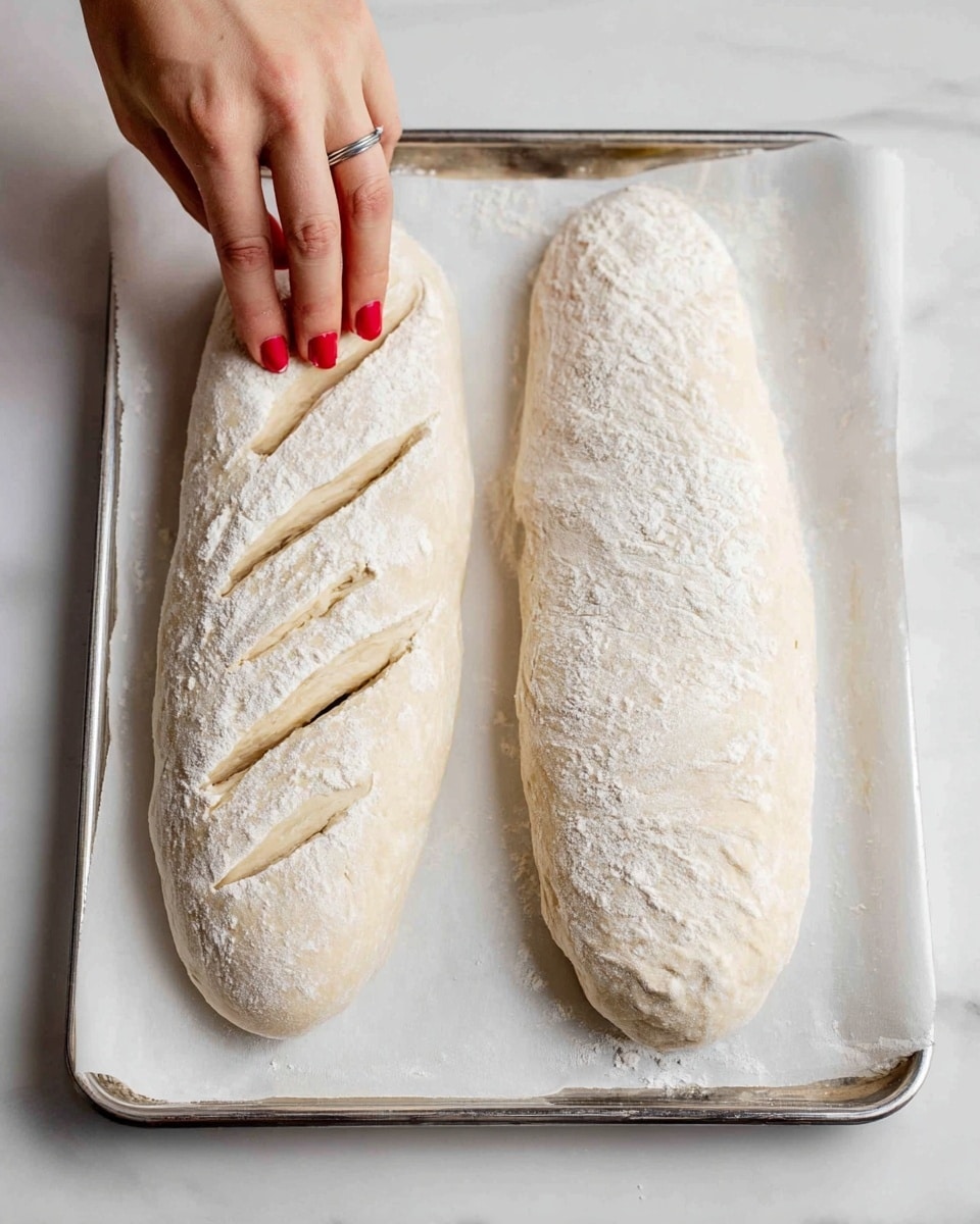 The image shows three golden brown baguettes with a crunchy crust dusted lightly with flour. One baguette is broken in the middle, revealing soft, airy white bread inside with a spongy texture. The baguettes have diagonal cuts on top, showing the different layers of the crust. They are placed on a white marbled surface with a white cloth partially visible on the side. The colors highlight the crispiness of the bread and the softness within. photo taken with an iphone --ar 4:5 --v 7