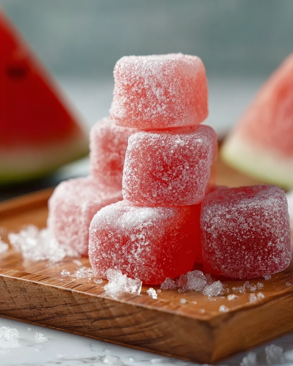 The image shows five clear glass containers with different ingredients arranged on a white marbled surface. At the center-right, there is a large glass bowl filled with bright red watermelon cubes. Above it to the right, a glass measuring cup holds white powdered sugar. To the upper left, a small glass bowl contains light brown graham cracker crumbs. Below it, a tiny glass bowl with light yellow liquid, likely oil, is visible. At the bottom left, another small glass bowl contains white cornstarch or flour. All containers sit neatly spaced apart, displaying vibrant and fresh ingredients. photo taken with an iphone --ar 4:5 --v 7
