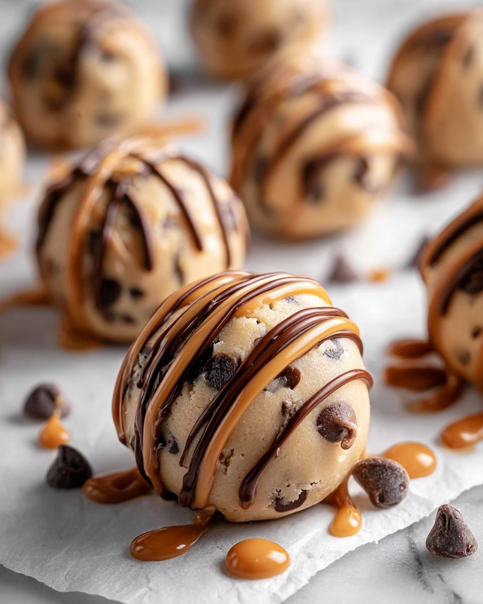 The image shows a silver baking sheet lined with white parchment paper, holding seven round dollops of light brown cookie dough mixed with small dark brown chocolate chips dotted evenly throughout. One scoop of dough is being placed on the sheet with a shiny silver cookie scoop held above the dough, dripping slightly. In the background, there is a clear glass bowl with more cookie dough and some chocolate chips visible. The surface beneath the baking sheet is a white marbled texture. photo taken with an iphone --ar 4:5 --v 7