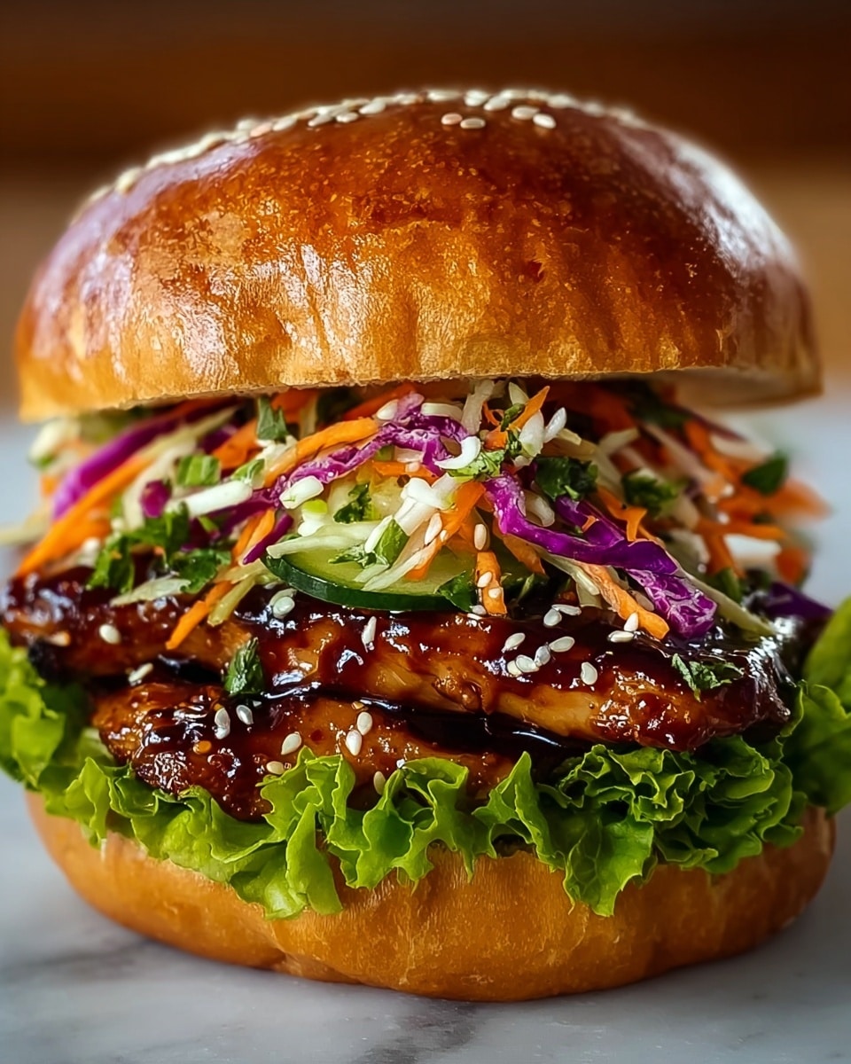 A close-up view of a sandwich with a shiny golden brown bun on top, followed by a colorful layer of shredded vegetables including purple cabbage, orange carrots, and green cucumbers mixed with white sesame seeds and green herbs. Below that is a thick layer of dark glazed grilled chicken pieces coated with a shiny sauce and sprinkled with white sesame seeds. At the bottom is a fresh ruffled green lettuce leaf resting on a soft golden brown bun. The photo is taken on a white marbled surface. photo taken with an iphone --ar 4:5 --v 7