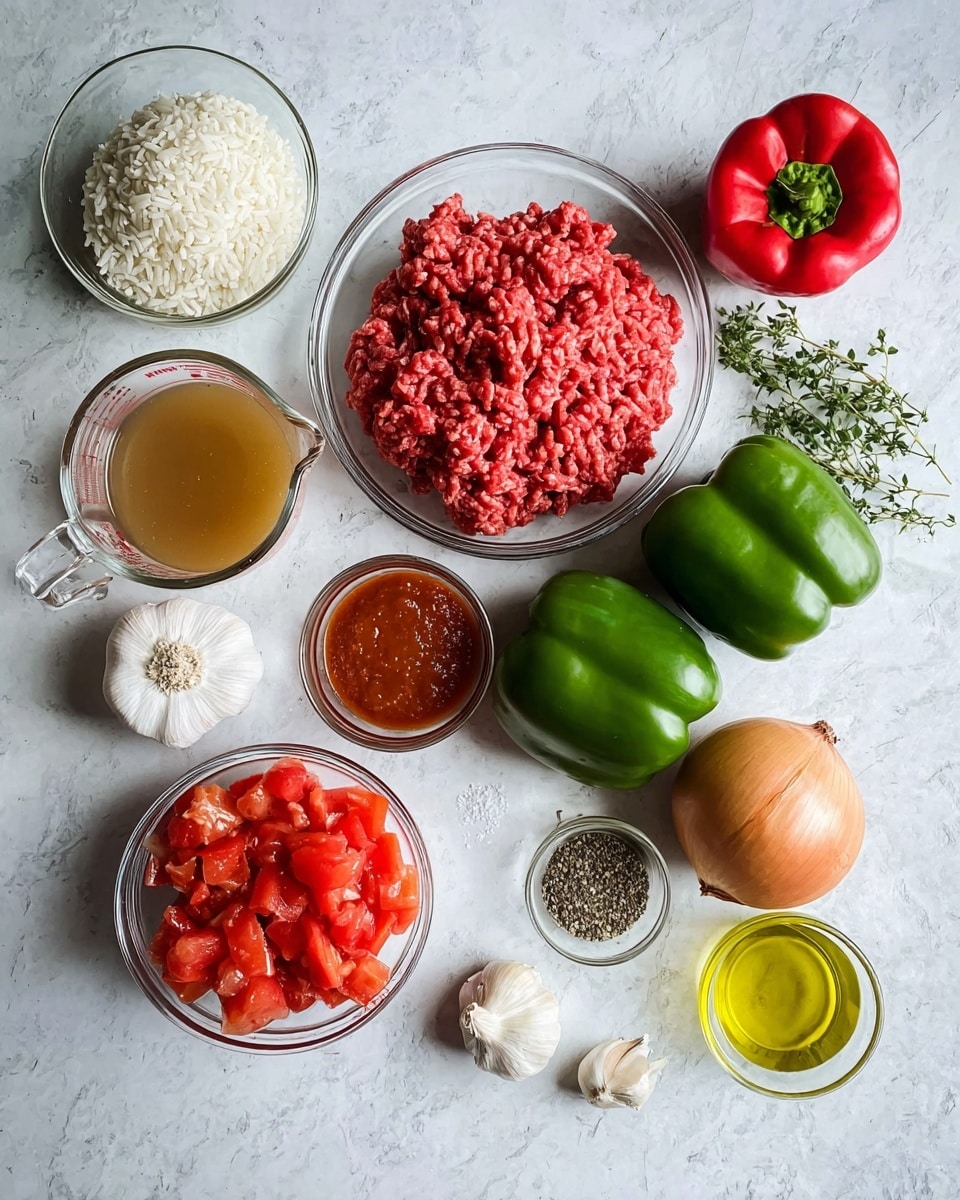 A white marbled surface holds several clear glass bowls and fresh ingredients arranged neatly. At the top center is a bowl filled with bright red raw ground beef, showing a textured, minced look, and next to it are three shiny green bell peppers and one red bell pepper, all smooth and fresh. On the left side, a bowl of white rice sits near a glass measuring cup filled with light brown broth, and a small bowl of thick, deep red tomato paste. Below, a larger bowl contains bright red diced tomatoes in juice. On the right, a small bowl of golden olive oil rests beside a whole yellow onion, garlic cloves, and fresh green herbs. A tiny bowl in the middle holds mixed spices with varied colors like red, black, and white. The clean, bright setting highlights the fresh colors and textures of each item. Photo taken with an iphone --ar 4:5 --v 7
