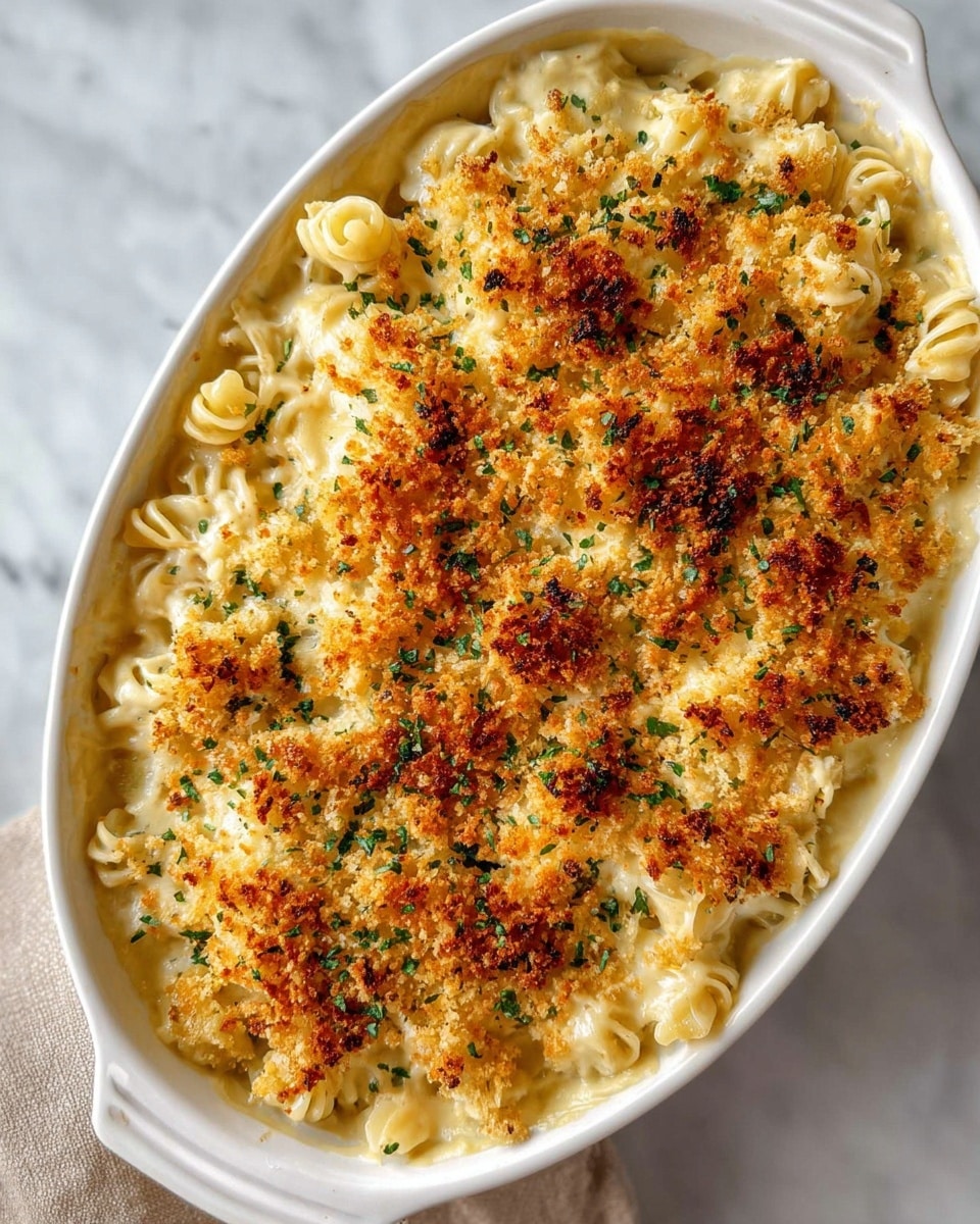 A white oval dish filled with three layers: the bottom layer is creamy, light yellow cheese sauce; the middle layer shows twisted pasta pieces coated evenly with the cheese sauce; the top layer is golden brown toasted breadcrumbs with some darker crispy spots and small green herb bits sprinkled over, giving a crunchy texture. The dish sits on a white marbled surface. photo taken with an iphone --ar 4:5 --v 7