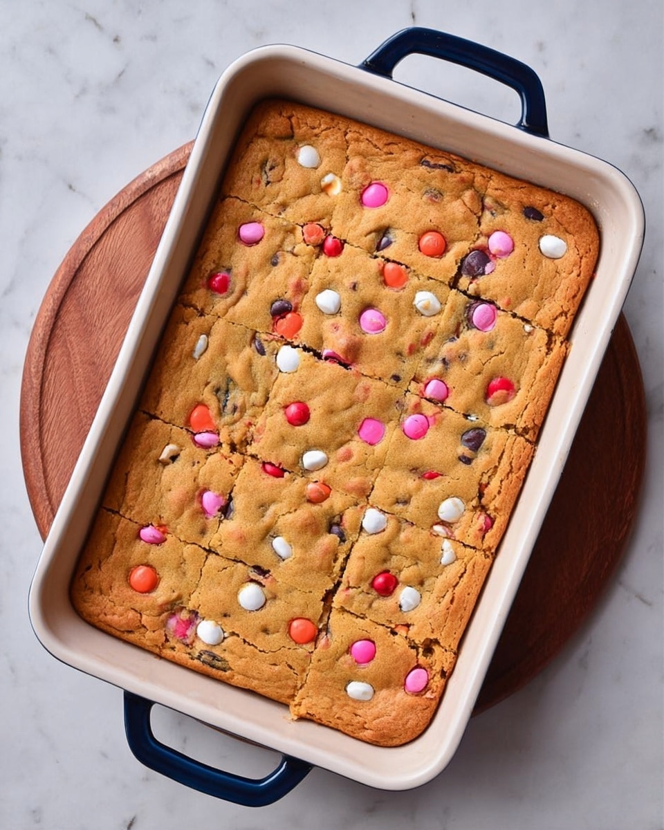 A stack of six square cake bars with a golden-brown top layer sprinkled with colorful red, pink, and white candy pieces. Each bar has two visible layers: a thick yellow cake base and a dark brown chocolate layer in the middle. The bars are placed on a dark wooden board, with extra candy pieces scattered around on a white marbled surface. In the background, there are blurred white bowls, one with more small red candies. Photo taken with an iphone --ar 4:5 --v 7