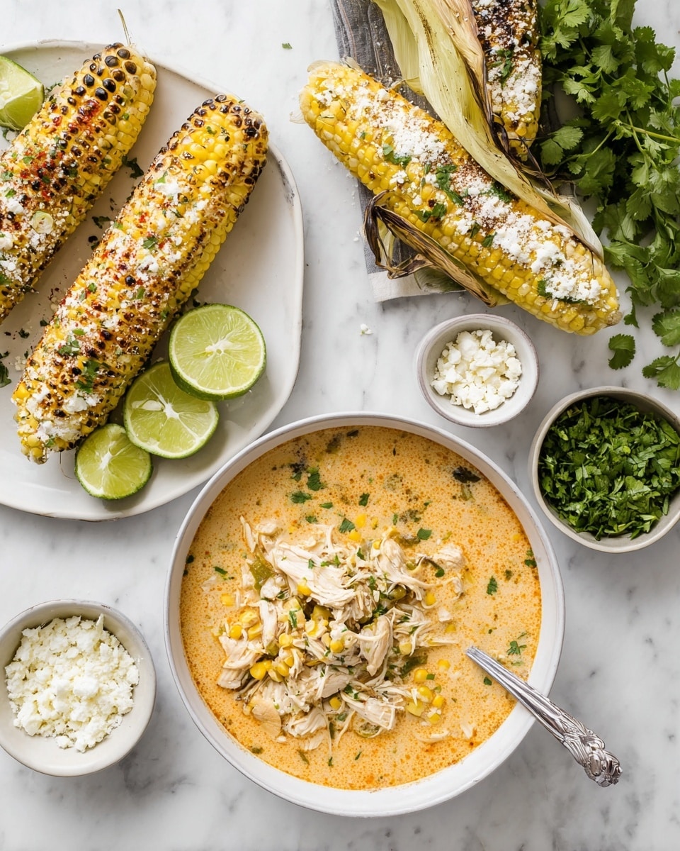 A creamy soup served in a white bowl filled with shredded white chicken pieces and bright yellow corn kernels mixed in a light orange broth with visible herbs and spices, a silver spoon resting inside the bowl. Next to it, a white plate holds three grilled corn on the cobs partially wrapped in husks, topped with white cheese and sprinkled with red chili powder. Lime wedges are placed in a small white bowl and scattered on the white marbled surface. A small white bowl of chopped fresh green cilantro and another white bowl with crumbled white cheese complete the setting, with extra cilantro leaves placed by the side. Photo taken with an iphone --ar 4:5 --v 7