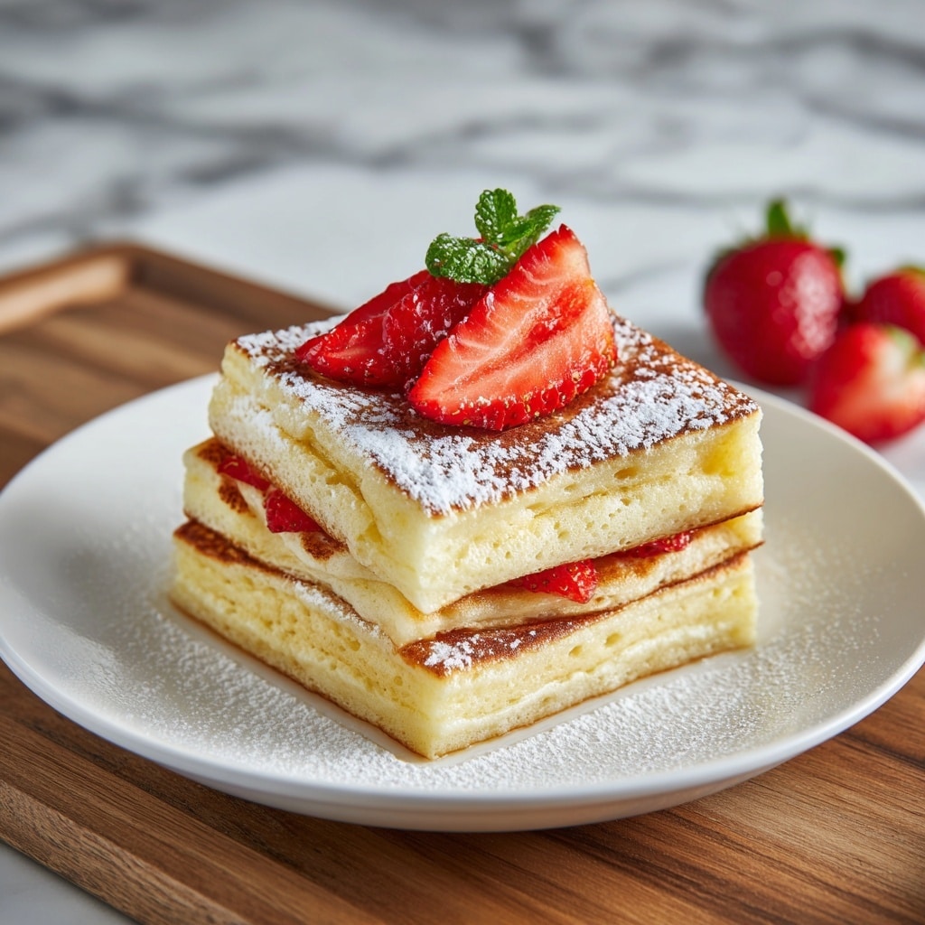 A stack of three thick, golden-brown pancakes sits in the center of a white plate on a white marbled surface. The pancakes show a soft and fluffy texture with lightly browned edges. On top of the stack, there are several fresh, bright red strawberry slices with green leaves, arranged neatly. A light dusting of white powdered sugar covers the top pancake and parts of the plate, adding a delicate touch. The background includes a slightly blurred whole strawberry and a pale blue cloth for a cozy feel. photo taken with an iphone --ar 4:5 --v 7