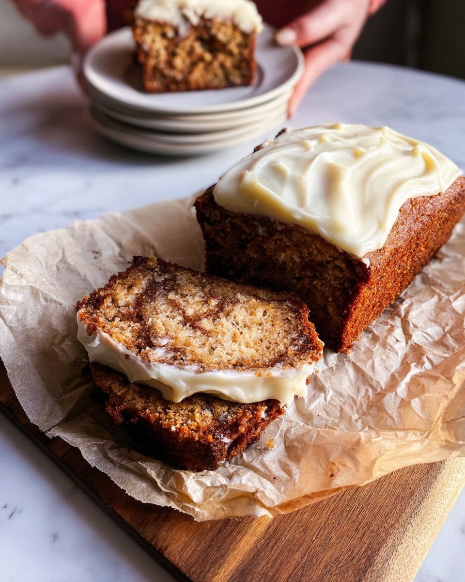 A loaf cake with two slices cut is placed on crumpled brown paper over a wooden board. The cake has a dense, moist interior showing brown swirls and a darker crust. The top layer is thickly covered with smooth, creamy white frosting that looks soft and slightly glossy. In the background, a woman's hand is holding one of the slices on a stack of white plates. The setting is on a white marbled surface with soft natural light highlighting the textures of the cake and frosting. photo taken with an iphone --ar 4:5 --v 7
