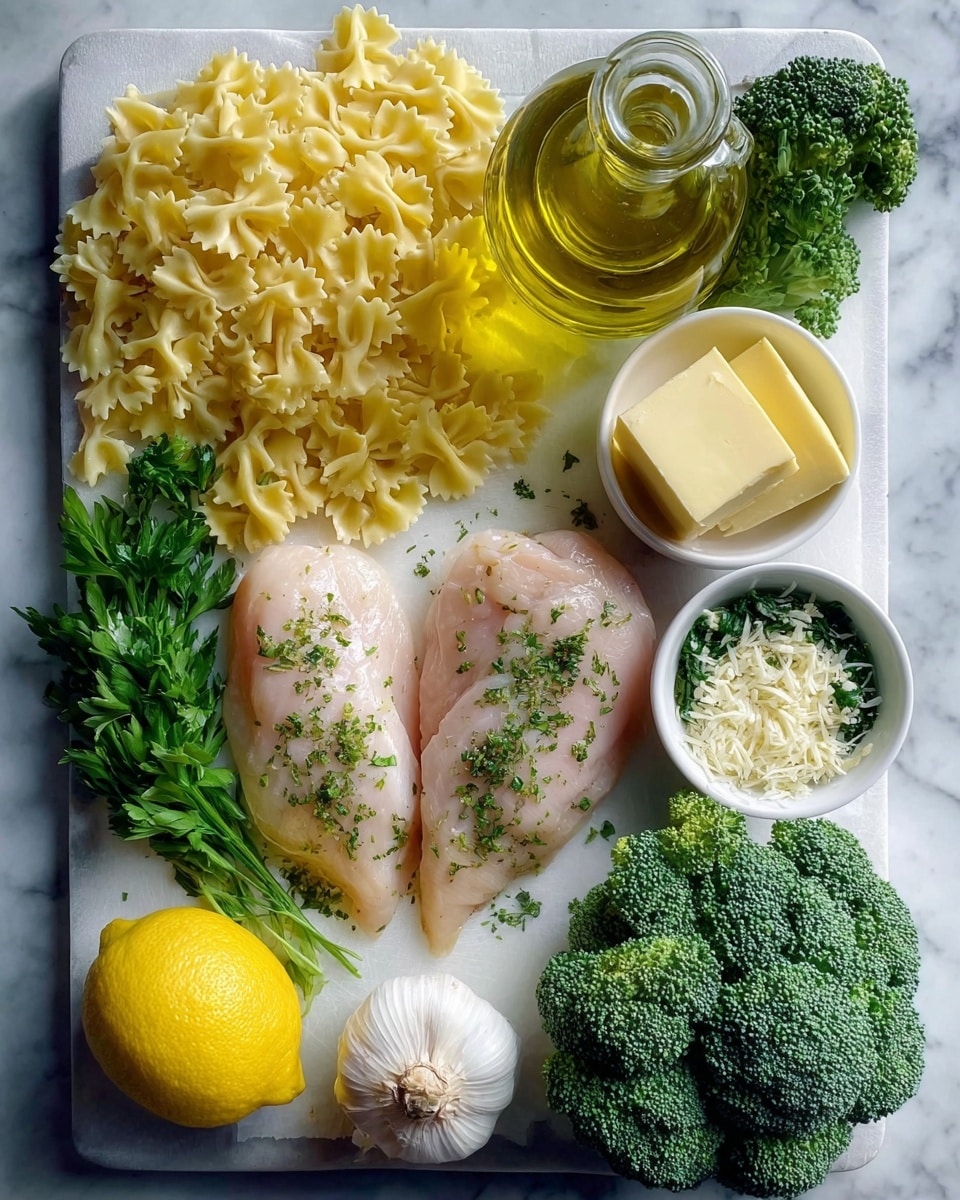 The image shows a white cutting board placed on a white marbled surface with fresh cooking ingredients arranged neatly on it. On the top left, there is a pile of uncooked farfalle pasta with a light yellow color and a bow-tie shape. Next to the pasta is a clear glass bottle filled with golden olive oil. To the right side of the bottle, there are two small white bowls; one contains two pale yellow butter squares resting on a bed of grated cheese, and the other holds a mixture of chopped green herbs and grated cheese. Below these bowls, a bunch of fresh green parsley is placed. In the center of the board, two raw chicken breasts are positioned side by side, garnished lightly with green herbs. On the bottom left corner, there are several clusters of bright green broccoli florets with a dense texture. At the bottom right, a halved lemon displays its yellow pulp, and beside it sits a whole garlic bulb with white papery skin and one garlic clove placed just above the chicken breasts. Photo taken with an iphone --ar 4:5 --v 7