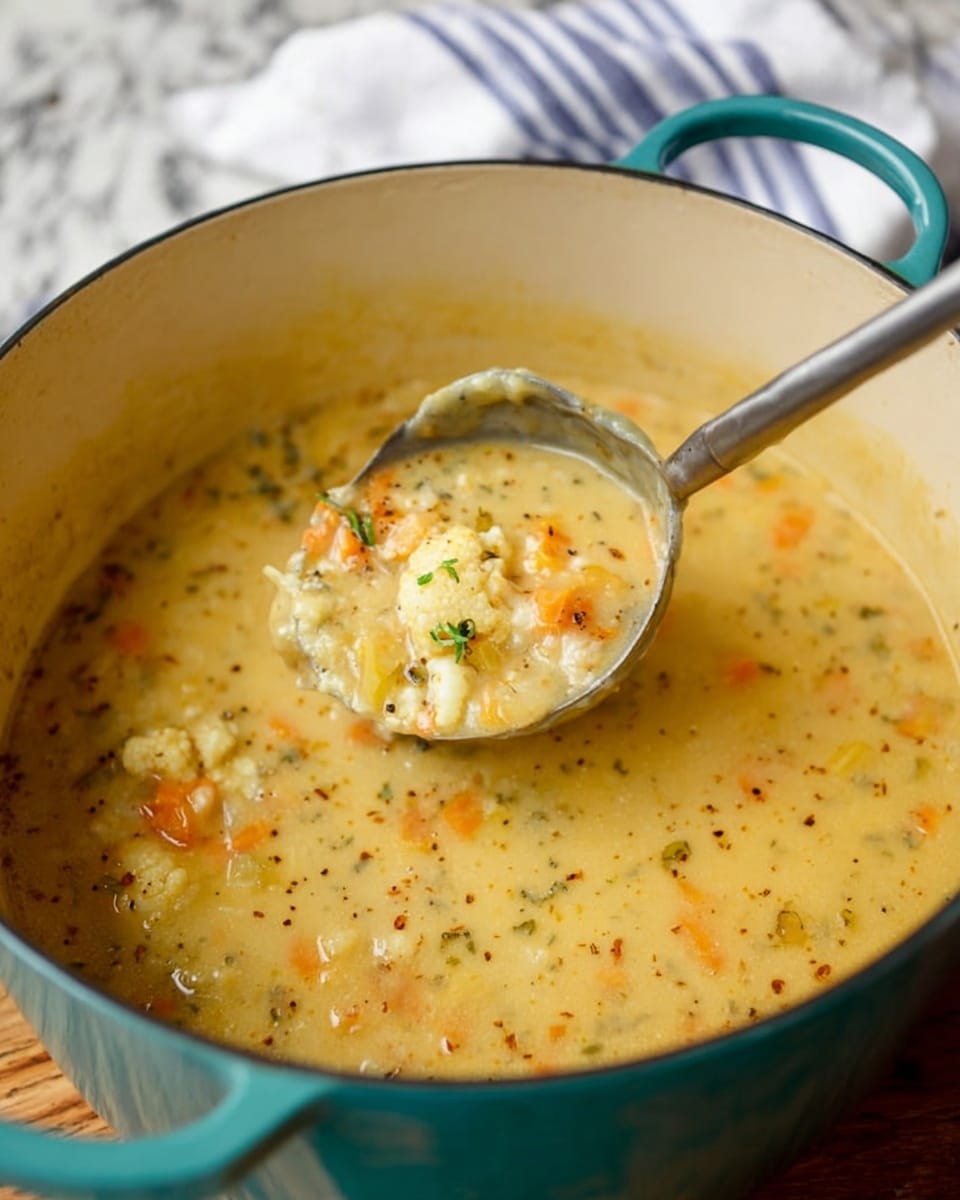 A close-up of a thick, creamy soup inside a teal Dutch oven pot with an off-white interior. The soup is light yellow with visible small chunks of orange carrots, white cauliflower, and bits of green herbs scattered throughout. A silver ladle is dipped in the pot, lifting a spoonful of the soup that shows a rich texture filled with vegetables and specks of seasoning. The pot rests on a wooden surface with a white marbled texture underneath and a folded white cloth with blue stripes in the blurred background. Photo taken with an iphone --ar 4:5 --v 7