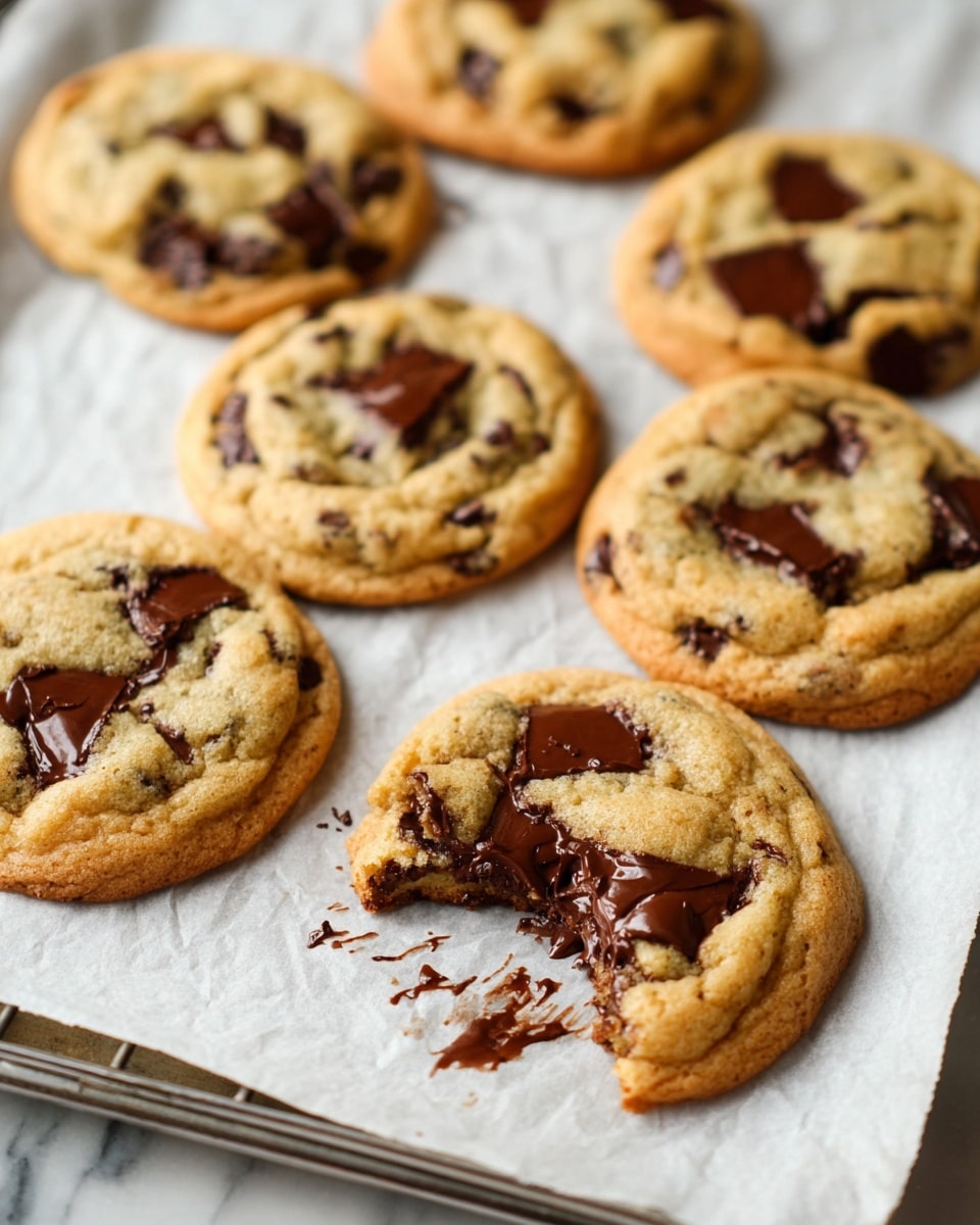 The image shows a close-up of seven golden brown chocolate chip cookies arranged on white parchment paper, which is placed on a metal baking rack. The cookies have a soft, slightly chewy texture with large melted chocolate chunks embedded in them, giving a mix of light golden cookie dough and dark brown gooey chocolate colors. One cookie in the front has a bite taken out, revealing the moist inside filled with melted chocolate, with some chocolate smudged on the parchment paper. The background is a soft white marbled texture that highlights the warm tones of the cookies. Photo taken with an iphone --ar 4:5 --v 7