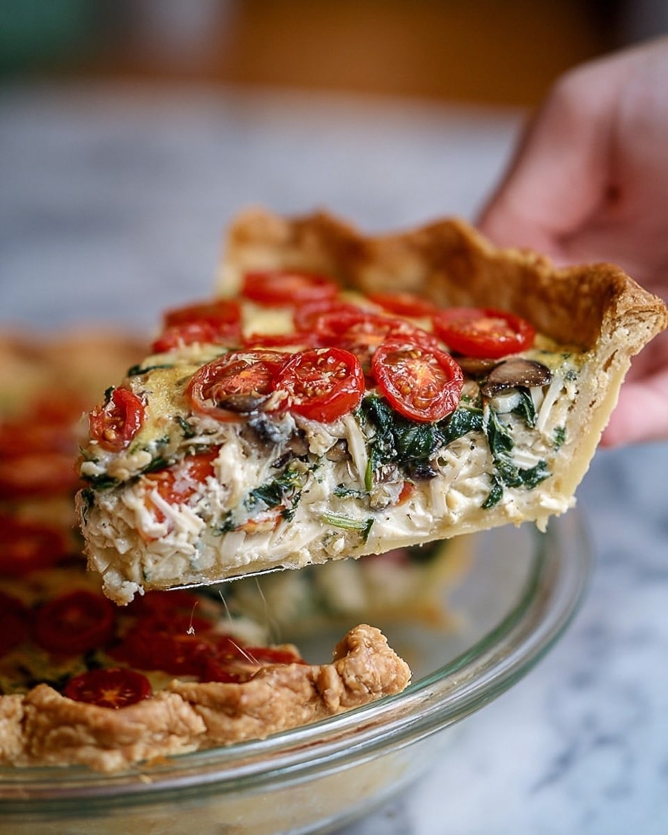 A clear glass pie dish filled with a savory pie that has a thick, flaky golden crust around the edges. Inside, the filling is creamy and speckled with green spinach and small bits of red pepper, topped neatly with halved cherry tomatoes arranged in circular rows. A large slice is missing from the pie, revealing the layers of crust and creamy vegetable filling inside. The pie dish sits on a wooden surface with a blue and white checkered towel nearby. photo taken with an iphone --ar 4:5 --v 7