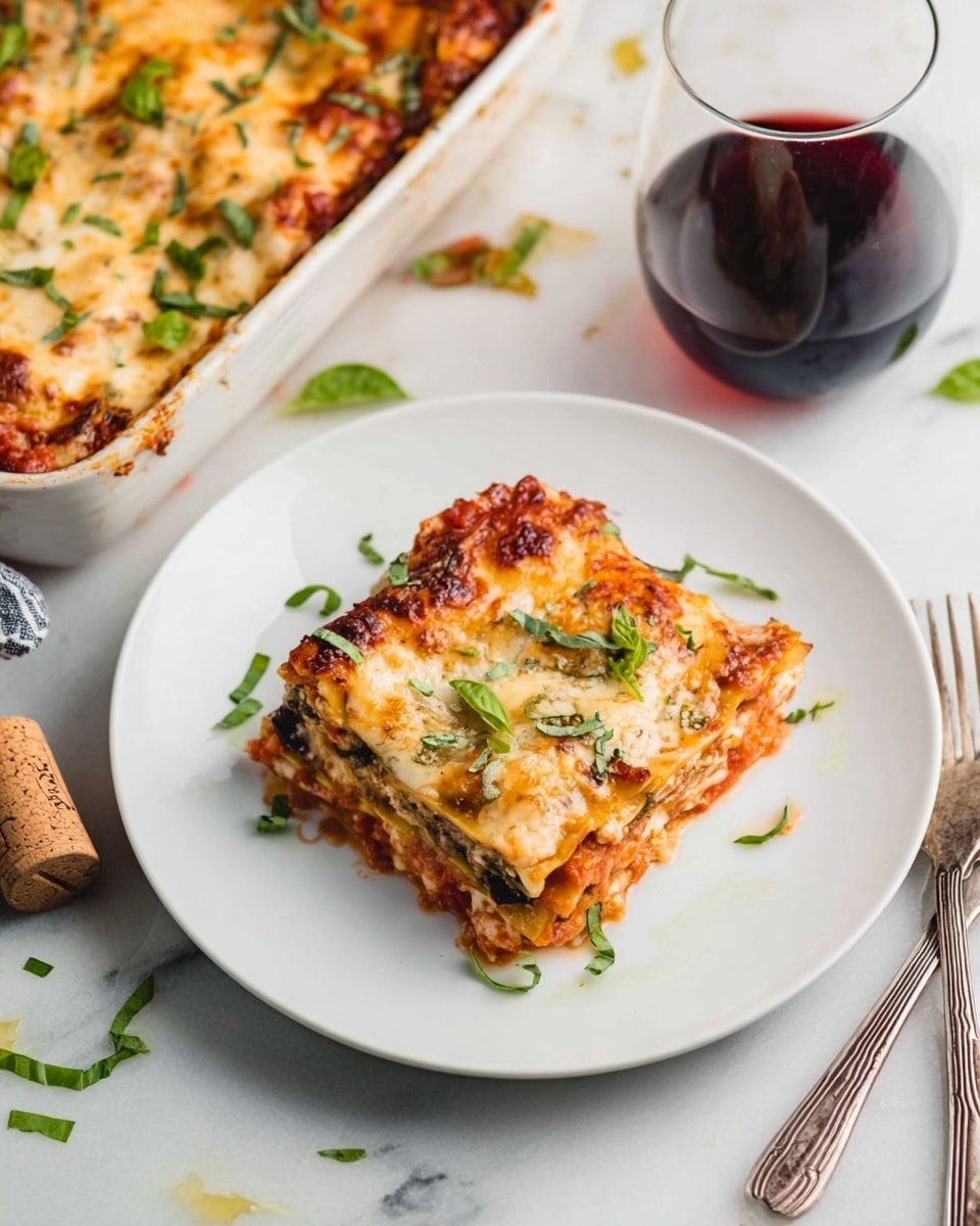 A square piece of lasagna sits on a white plate on a white marbled surface. The lasagna has four visible layers with a top layer of melted golden-brown cheese sprinkled with fresh green basil leaves. Below the cheese is a red tomato sauce layer with bits of green herbs and white cheese. The casserole dish to the left shows more lasagna with similar golden cheese and fresh basil on top. Around the plate, there are scattered chopped basil leaves, a cork, and two metallic forks crossed near the bottom right. A clear glass of dark red wine is above the plate. Photo taken with an iphone --ar 4:5 --v 7