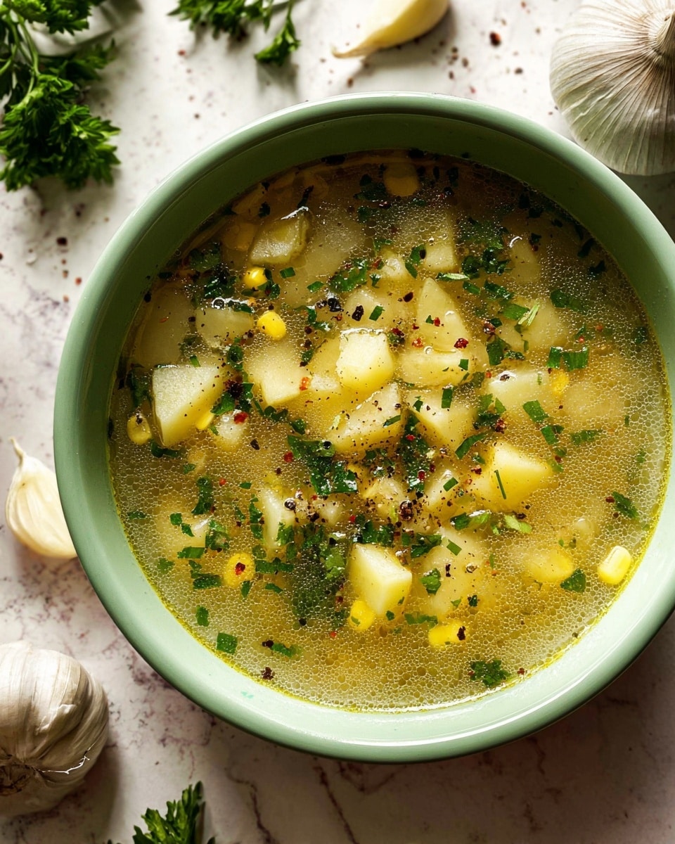 A light green bowl filled with a chunky soup showing three main layers: the clear yellow broth at the bottom with small oil bubbles floating, a middle layer of pale yellow diced potatoes and corn pieces, and a top layer sprinkled with fresh chopped dark green herbs and black pepper flakes, all floating near the surface. The bowl sits on a white marbled texture with scattered whole garlic bulbs, peeled garlic cloves, and green parsley leaves around it. The lighting is soft, highlighting the fresh ingredients and the steam rising slightly from the soup. Photo taken with an iphone --ar 4:5 --v 7