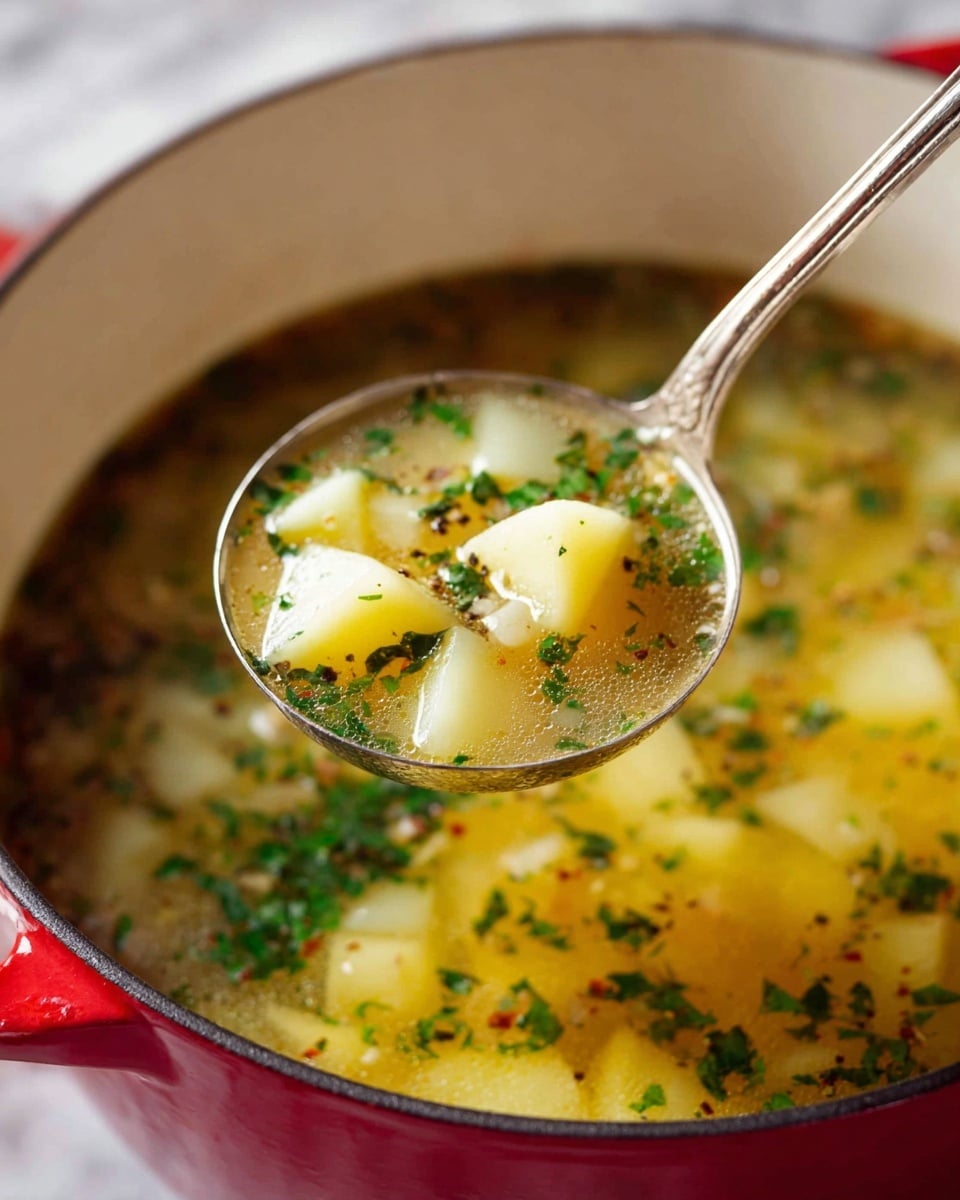 A close-up image of a ladle holding clear broth soup with visible layers of tender, cubed light yellow potatoes, small bits of green herbs, and specks of black pepper floating in the golden broth. The ladle is lifted above a white enamel pot that has a red outer surface, showing the same soup with scattered herbs and spices in the background. The broth looks warm and slightly oily with finely chopped green herbs sprinkled on top, set against a white marbled texture. photo taken with an iphone --ar 4:5 --v 7