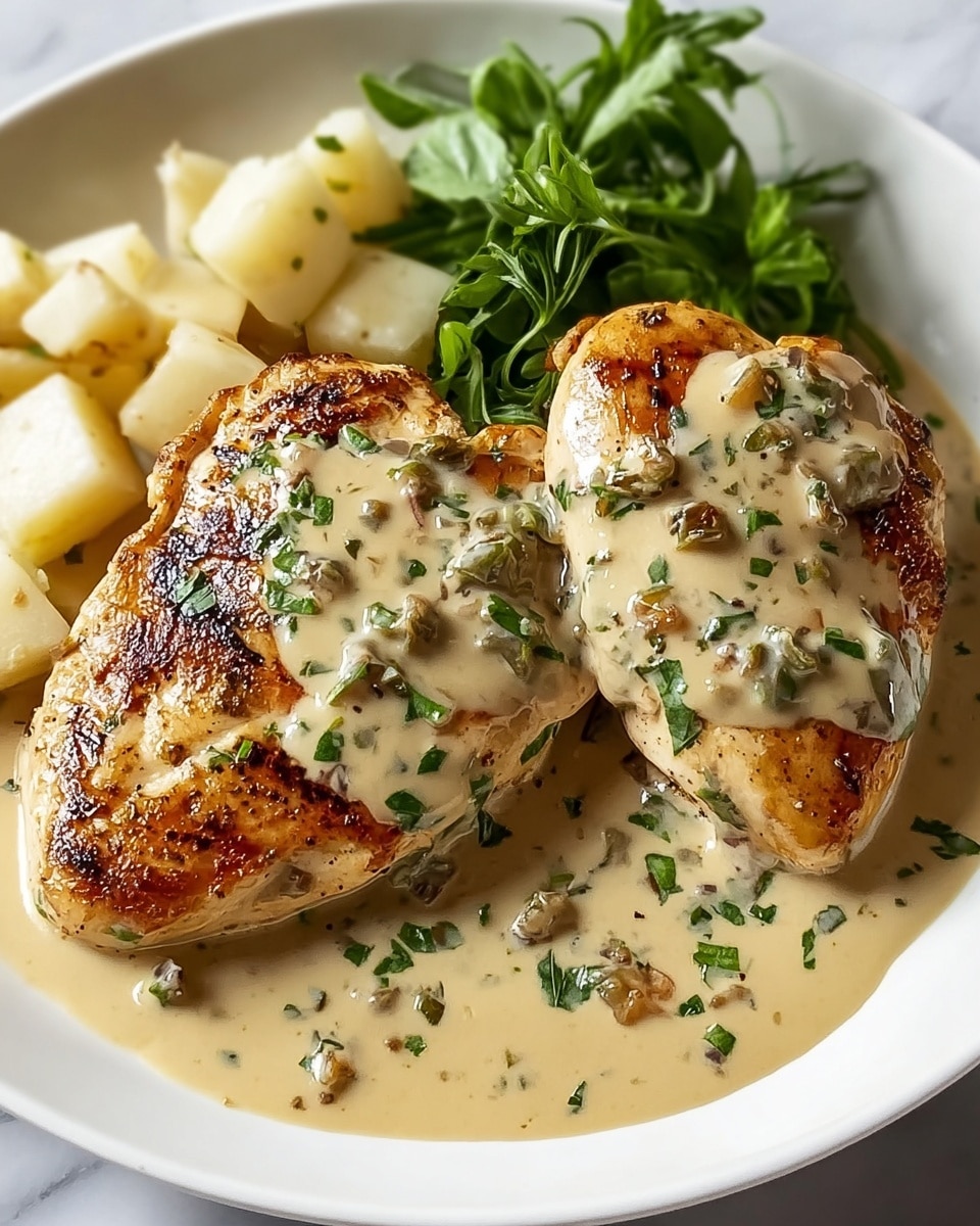 The image shows two pieces of golden brown, grilled chicken thighs with crispy skin, sitting in a creamy light yellow sauce covered with small green parsley pieces. The chicken has a slight char and pepper sprinkled on top. Around the chicken, there are chunks of white potatoes, also sprinkled with parsley, partially soaked in the sauce. All of this is served in a white bowl on a white marbled surface. photo taken with an iphone --ar 4:5 --v 7