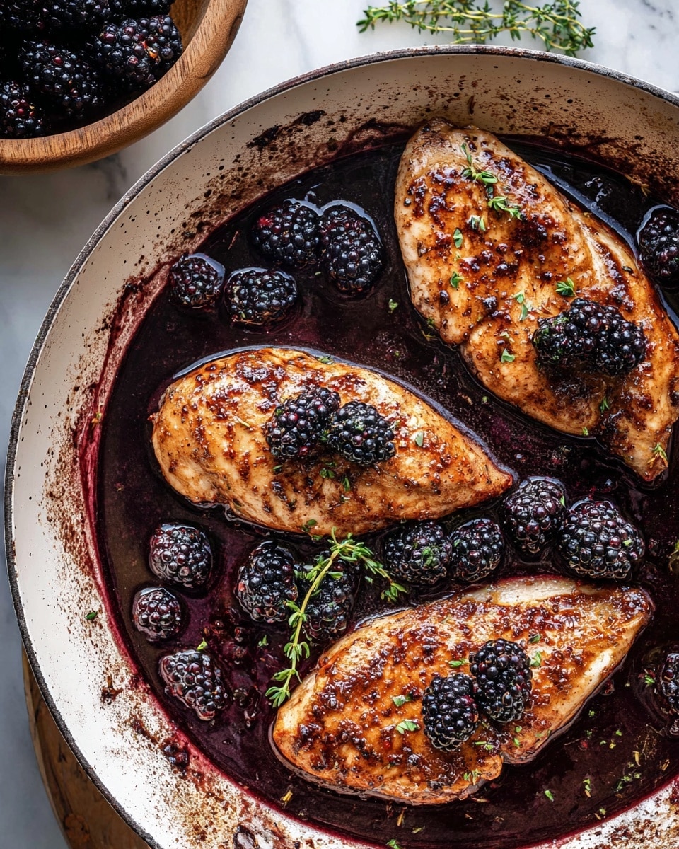 Two wooden plates sit on a white marbled surface, each holding a grilled piece of chicken breast shaped like a heart and topped with a glossy, dark purple blackberry sauce. The sauce is thick and runs slightly over the edges of the chicken, with whole blackberries and small green herb leaves scattered on top. To the right, a wooden bowl overflows with fresh blackberries, some spilling onto the white marbled surface. The rich colors of the berries contrast with the warm, golden browns of the chicken and wood, creating a rustic, inviting look. Photo taken with an iphone --ar 4:5 --v 7