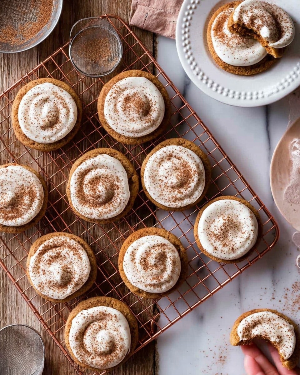 This image shows a group of round cookies laid out on a copper cooling rack above a white marbled surface with a wood texture background. Each cookie has two visible layers: the bottom layer is a golden-brown cookie base with a slightly rough texture, and the top layer is white cream frosting swirled in a circular pattern that looks soft and fluffy. The frosting is dusted with a fine brown powder, likely cinnamon or cocoa, giving it a speckled look. One cookie on a white scalloped plate in the top right corner has a bite taken from it, exposing the smooth frosting and crumbly cookie layers. Two halves of a cookie are placed near the bottom center, showing the cross-section with clear layers. A woman's hand lightly touches one cookie at the edge of the rack. A small metal sifter with powder residue lies near the top center of the rack. Photo taken with an iphone --ar 4:5 --v 7