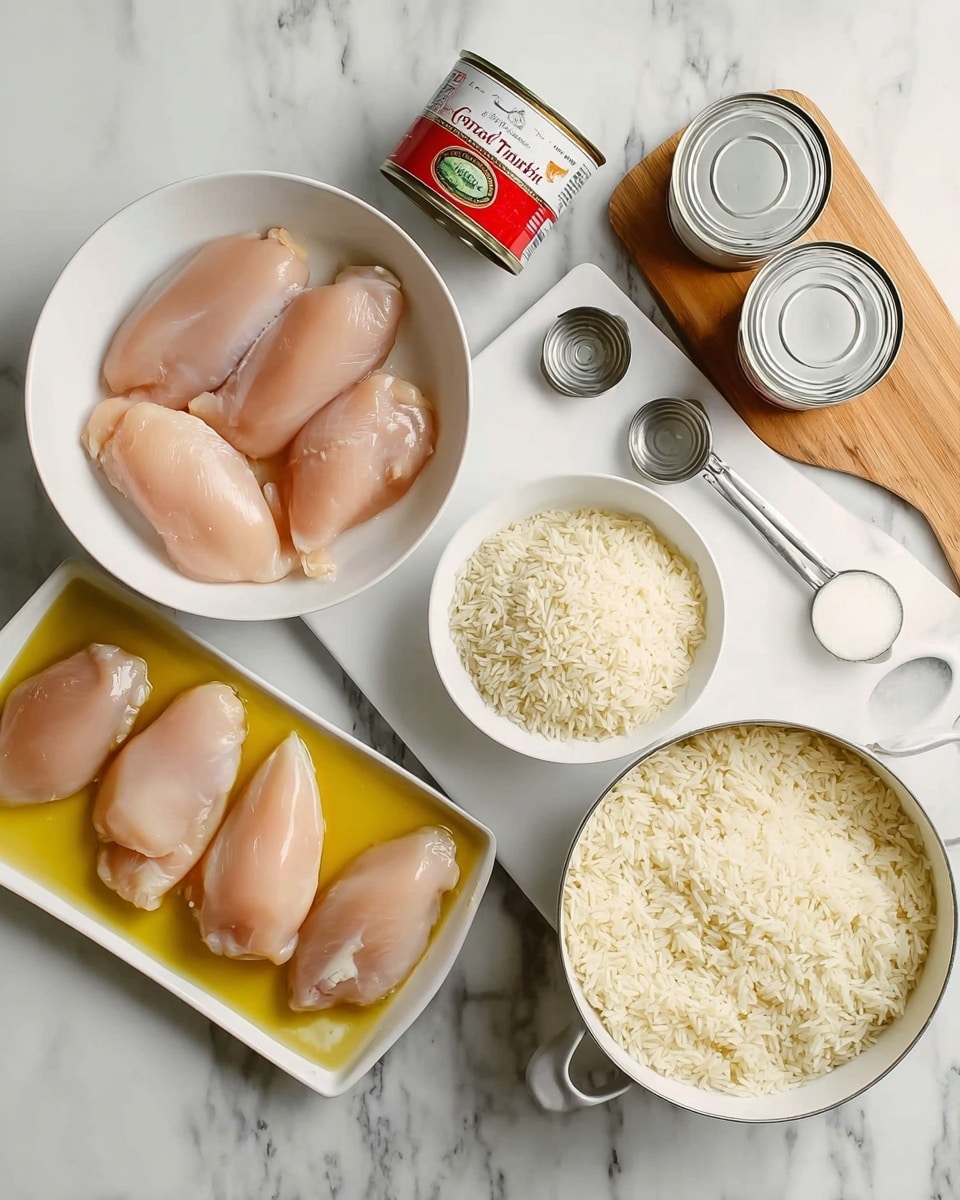 The image shows raw chicken breasts arranged in two white dishes—a round bowl with four pieces on the left and a rectangular dish with three pieces soaking in yellow oil below it. Next to them, there is a small white bowl filled with plain white rice at the center. To the right, a round pot filled with cooked white rice stands on a white cutting board. Two cans, one of cream of chicken soup and the other of long grain cooked rice, lie near the center top of the image. Several metal measuring spoons and a white spoon rest on the white marbled surface around the ingredients. The background is a white marbled texture. Photo taken with an iphone --ar 4:5 --v 7