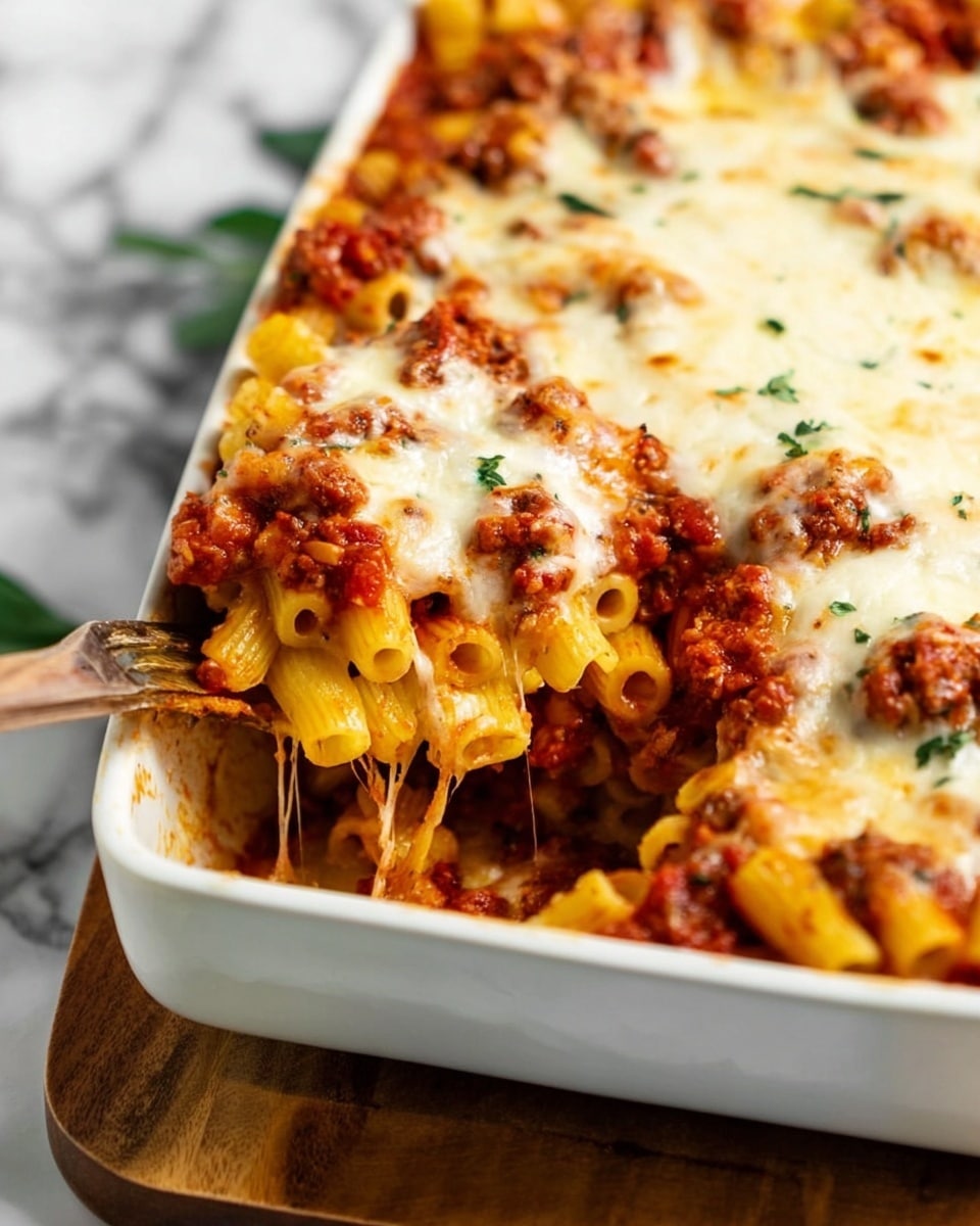 A white plate holds a serving of baked ziti pasta with three main visible layers: the bottom layer of pale baked pasta tubes, the middle layer of chunky, bright red tomato sauce with bits of cooked meat and herbs, and the top layer of melted white cheese slightly browned in spots. Some fresh dark green basil leaves are scattered on top. A golden fork is lifting some pasta from the plate, held by a woman's hand that is partly visible at the side. The plate rests on a white marbled surface, with a wooden pepper grinder, small wooden bowls containing coarse salt and red chili flakes, and a white baking dish filled with more baked ziti blurred in the background. photo taken with an iphone --ar 4:5 --v 7
