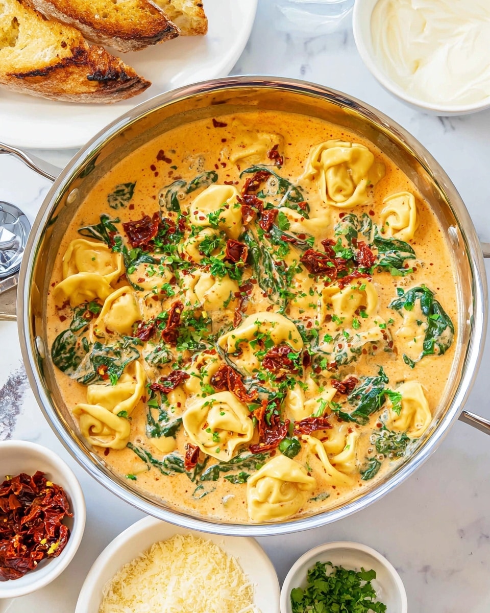 A silver pan filled with about three layers: the bottom layer is a creamy light orange sauce, the middle layer shows light yellow tortellini pasta, and the top layer is scattered with dark green spinach leaves, dark red sun-dried tomatoes, and fresh bright green chopped parsley. The sauce has a smooth texture with some red pepper flakes sprinkled on top. Around the pan are small white bowls with grated cheese, cream, and sun-dried tomatoes. A piece of toasted garlic bread sits on the left side on a white plate. The surface beneath everything is a white marbled texture. photo taken with an iphone --ar 4:5 --v 7