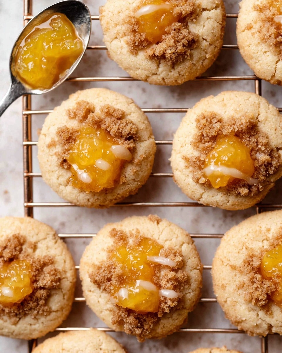 The image shows soft cookies with two layers: a light tan crumbly base and a topping made of golden-orange jam with a glossy texture, mixed with small crumbly bits of brown streusel scattered over the jam and cookie. One cookie is partially broken from the top right, revealing the soft inside with jam oozing slightly. The cookies rest on light brown parchment paper on a white marbled surface, with a white bowl partially visible in the top right corner holding more jam. Photo taken with an iphone --ar 4:5 --v 7