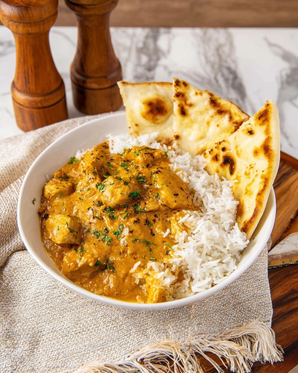 A white bowl holds a dish with two main layers: the bottom layer is fluffy white rice, and the top layer is a thick orange curry with chunks of tender chicken and small green herb pieces scattered throughout. Behind the bowl, there is a piece of naan bread with lightly browned spots resting on a white marbled surface. In the background, two wooden pepper mills stand side by side, slightly blurred. The scene is cozy and bright. photo taken with an iphone --ar 4:5 --v 7