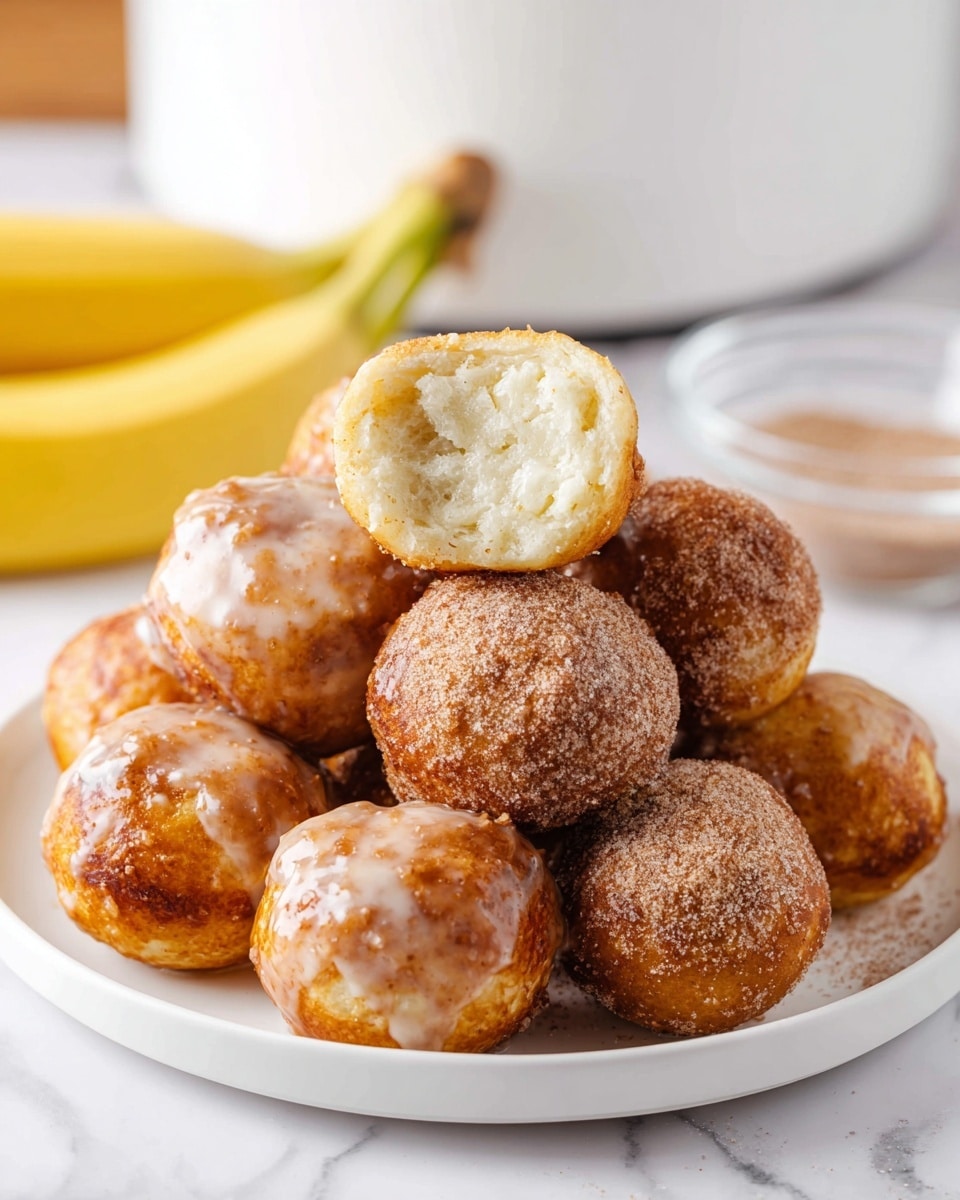 A white plate piled with round dough balls arranged in two layers, some covered with a light glaze showing a shiny, smooth light brown texture, and others coated with a dusting of sugar and cinnamon giving a speckled look. The dough balls vary slightly in color from pale beige to golden brown, with a soft, fluffy surface. The background is a white marbled texture, with blurred hints of yellow and clear containers in the distance. A yellow cloth is partially visible at the bottom right corner. Photo taken with an iphone --ar 4:5 --v 7