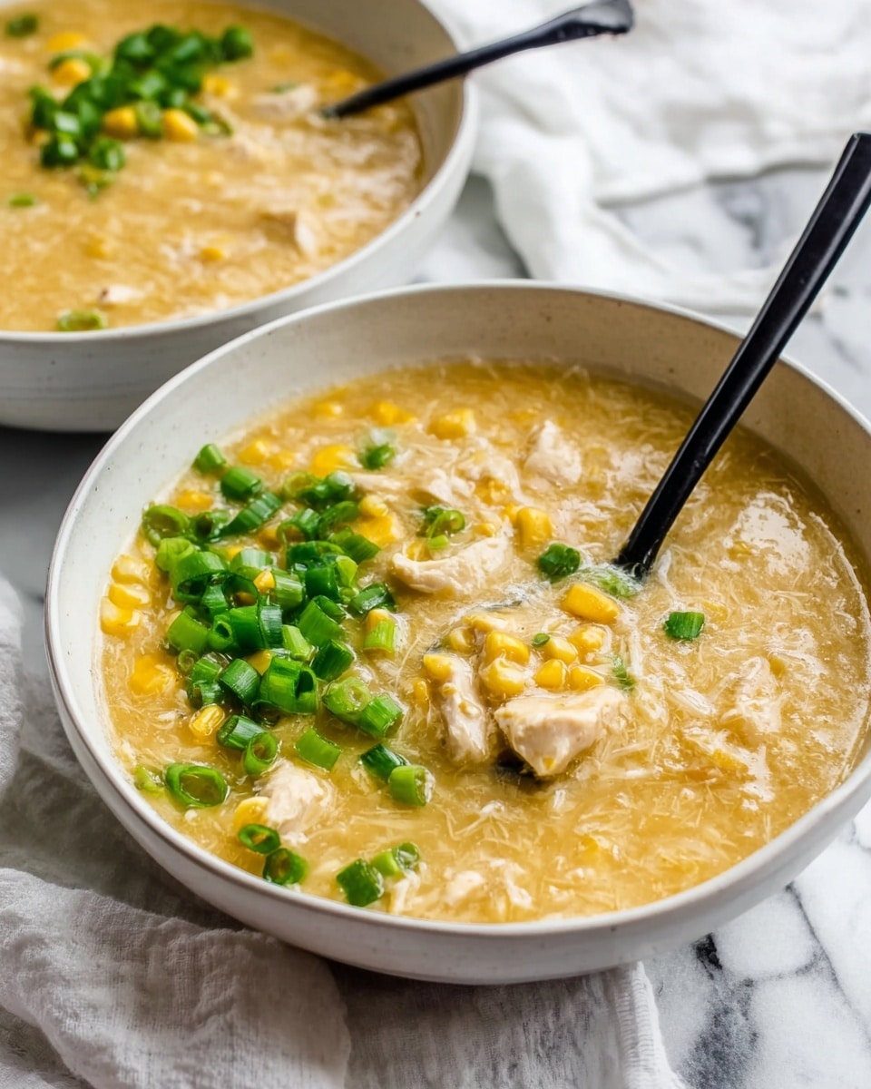 The image shows a white bowl filled with a thick, creamy soup with a golden yellow color as the base layer, containing small chunks of white chicken pieces and yellow corn scattered throughout. On one side of the bowl, a cluster of chopped bright green scallions adds a fresh contrast on top of the soup’s surface. A black spoon rests inside the bowl, scooping up some of the soup with visible chicken and corn bits. In the background, there is another bowl with a similar soup and a white cloth napkin on a white marbled surface. photo taken with an iphone --ar 4:5 --v 7