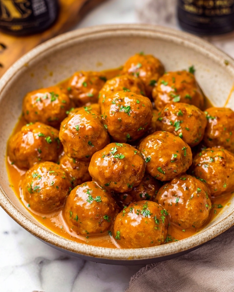 A bowl full of round, shiny meatballs covered in a thick, bright orange sauce with small green herb pieces sprinkled on top. The meatballs are tightly packed in a deep white bowl with a rough texture on the inside. Steam rises gently from the warm meatballs, making them look fresh and hot. The bowl is placed on a white marbled surface with a soft cloth and some blurred bottles in the background, adding to the cozy setting. photo taken with an iphone --ar 4:5 --v 7