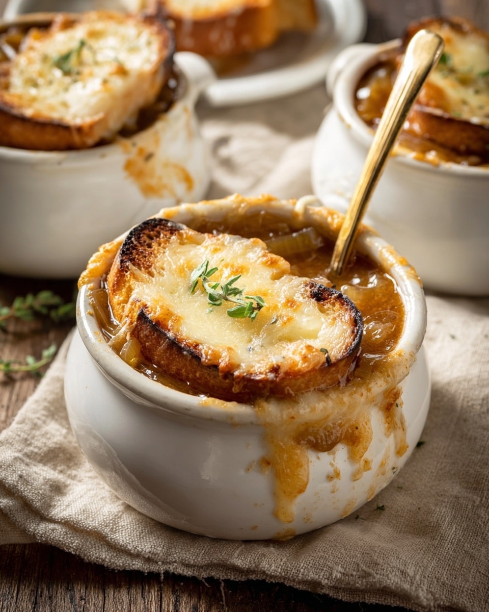 The image shows a white ceramic bowl filled with rich, brown onion soup topped with two slices of toasted bread that are golden brown with slightly darker edges, covered with melted cheese that is light yellow and bubbly with a few green herb leaves on top. The soup has visible caramelized onion pieces floating near the surface, and some soup has spilled over the rim of the bowl. A gold spoon is partially dips into the bowl close to the bread. In the background, two similar bowls are partially visible, each topped with toasted bread and cheese, all placed on a rustic wooden surface covered with a beige cloth. The overall scene has warm tones and a cozy feel. Photo taken with an iphone --ar 4:5 --v 7