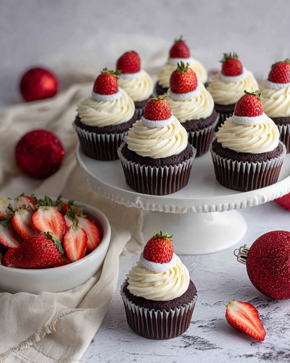 Two chocolate cupcakes are shown placed on a white marbled surface. Each cupcake has one layer of dark, moist chocolate cake at the bottom, topped with a thick swirl of smooth, pale yellow cream frosting. On top of the frosting sits a bright red strawberry cut to remove its green top, with a small dollop of the same cream frosting on its pointed tip. The closest cupcake has its brown paper wrapper pulled away, displaying the rich texture of the cake inside. In the background, more cupcakes sit on a white cake stand, along with a couple of strawberry halves resting on the surface. photo taken with an iphone --ar 4:5 --v 7