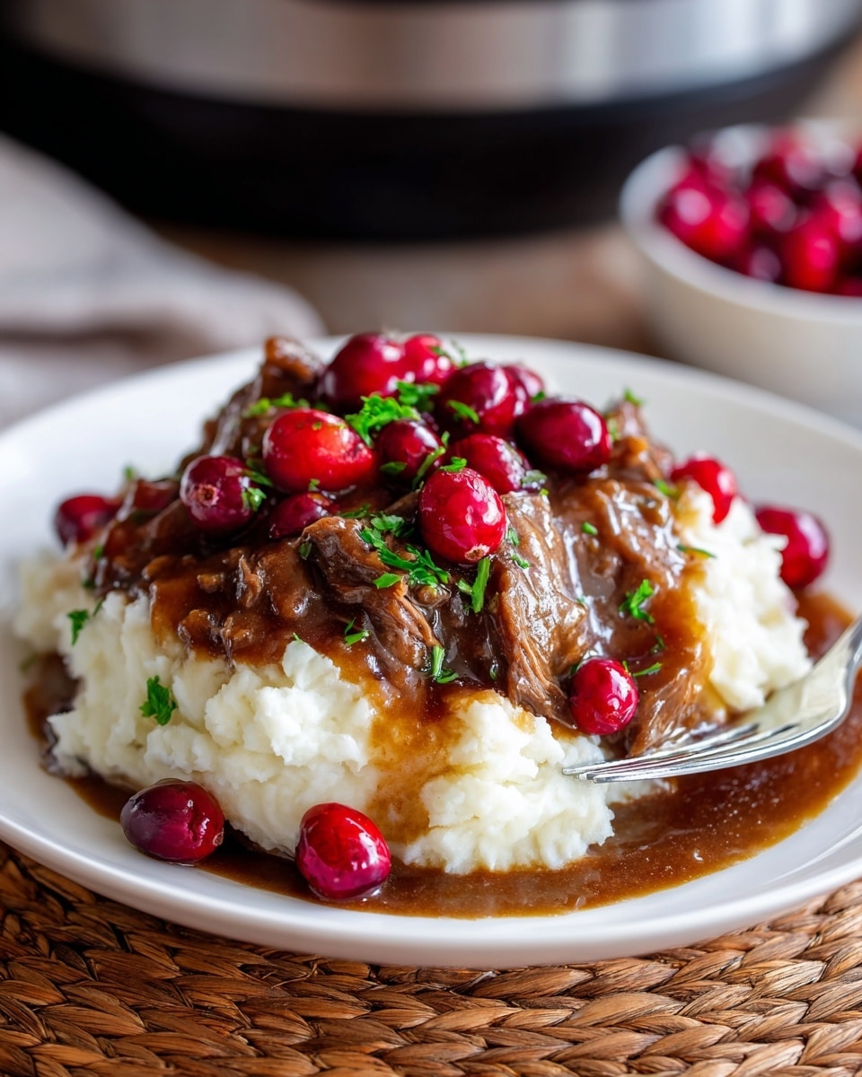 A white plate holds a serving of creamy white mashed potatoes as the bottom layer, topped with a thick, rich brown gravy with chunks of tender meat covering most of the potatoes. Bright red whole cranberries are scattered on top, adding vibrant color. Small green parsley leaves are sprinkled over the dish for a fresh touch. A silver fork is placed at the edge of the plate, resting in the mashed potatoes. The white plate sits on a woven placemat, with a slow cooker blurred in the background. Photo taken with an iphone --ar 4:5 --v 7