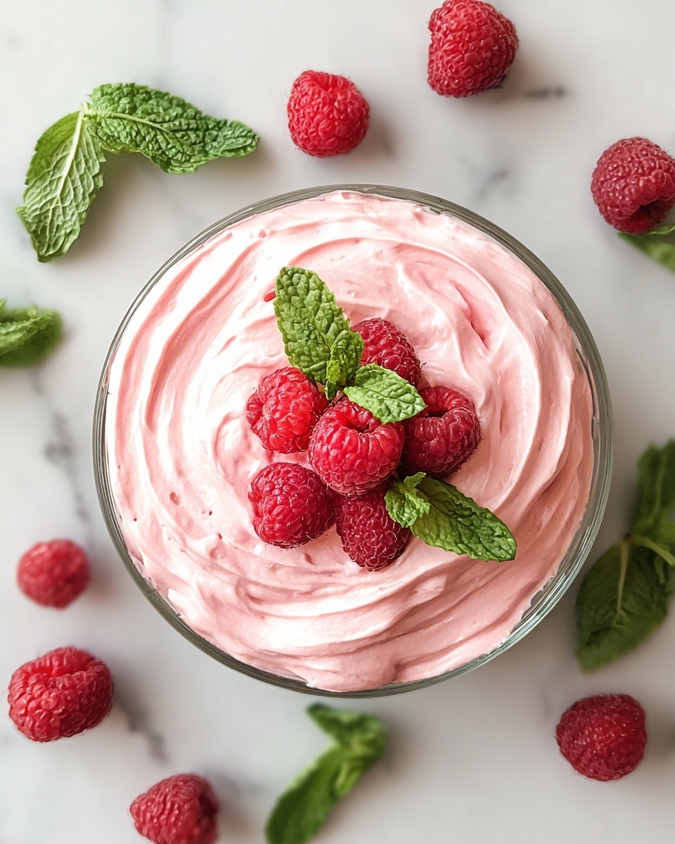 A clear glass cup filled with three visible layers of light pink whipped cream dessert, soft and swirled smoothly; scattered raspberry pieces inside the cream add small pops of red color. On top, three fresh raspberries and two green mint leaves are carefully placed as decoration, dusted lightly with powdered sugar. The glass cup sits on a white plate next to a silver spoon. In the background, two more similar dessert cups with the same pink swirled cream and raspberry toppings are slightly out of focus, all on a white marbled texture surface. photo taken with an iphone --ar 4:5 --v 7