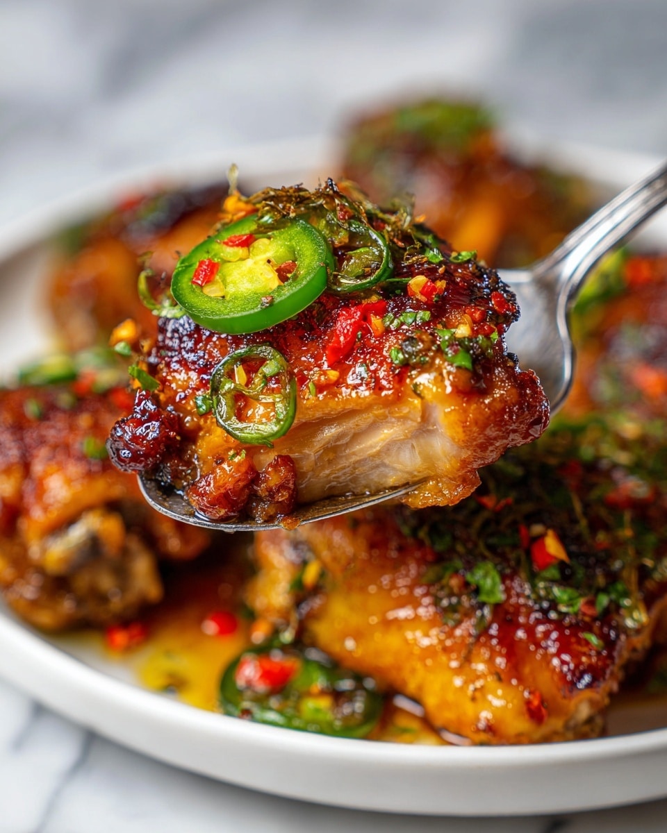 The image shows a black cast iron pan filled with six pieces of golden-brown cooked chicken thighs arranged evenly, each glistening with a shiny glaze. Scattered on and around the chicken are bright red raspberries, some whole and some slightly crushed, adding a fresh, juicy texture. Thin slices of green jalapeño peppers are spread on top of the chicken, providing a sharp contrast with their smooth, shiny surface. The pan sits on a white marbled surface, and there are a few whole green jalapeños and raspberries placed near the pan edges for decoration. photo taken with an iphone --ar 4:5 --v 7