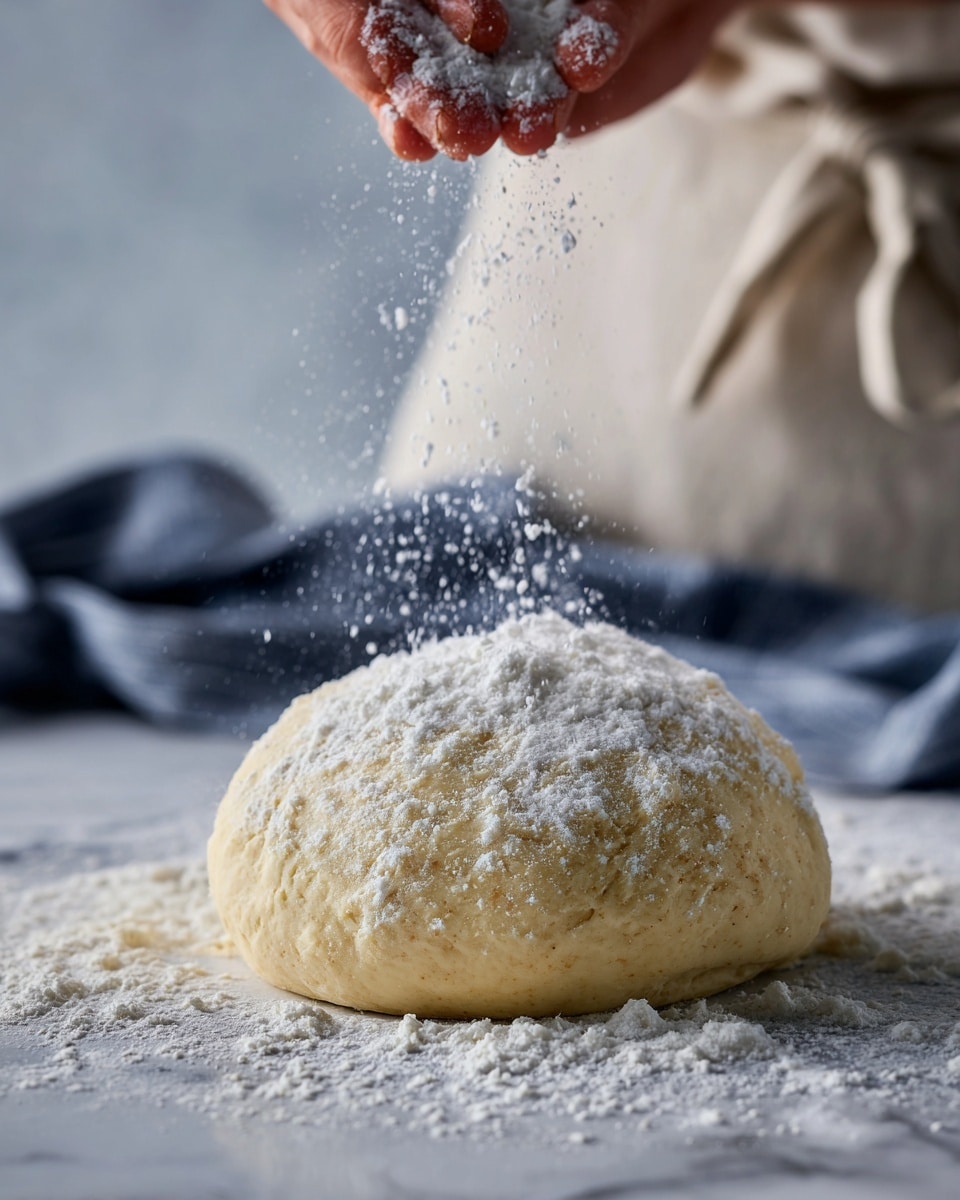 A smooth, soft ball of pale dough rests on a white marbled surface dusted with a layer of flour, with extra flour scattered around it. Above the dough, a woman's hand sprinkles more white flour, some floating gently down in small clumps. The dough has a slightly rounded shape with a matte texture, and the flour adds a powdery, uneven coating on top. The background is blurred but shows a light-colored apron or cloth. photo taken with an iphone --ar 4:5 --v 7