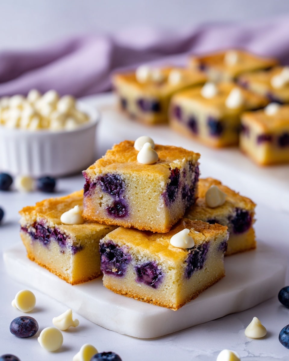 Three square pieces of blondie stacked on a white plate; each piece has a golden-brown crust on top, a soft and moist yellow cake layer below, with dark purple blueberries clearly visible in the middle and sides of the blondies. The texture looks crumbly with some cracks on the top crust. Next to the stack, there are a few white chocolate chips scattered on the plate and a silver fork resting on the side. The background is a white marbled surface, and a blurred second plate with blondies is in the back. Photo taken with an iphone --ar 4:5 --v 7