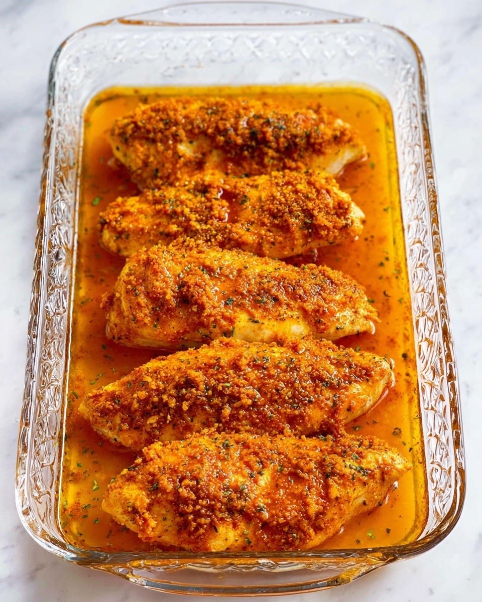 The image shows five golden-brown baked chicken breasts arranged in a single layer inside a clear glass baking dish with intricate patterns on the sides. Each chicken breast is covered with an even, textured orange spice crust mixed with visible herbs, sitting in a shallow pool of orange sauce that adds a glossy finish to the dish. The clear baking dish rests on a white marbled surface, enhancing the warm, rich tones of the chicken and sauce. photo taken with an iphone --ar 4:5 --v 7