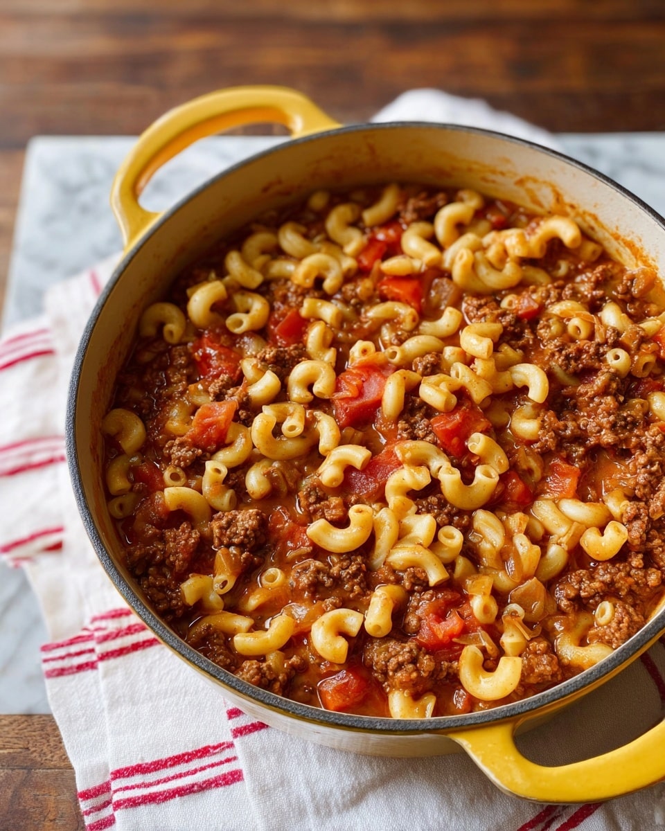 A white bowl filled with a mix of elbow macaroni pasta, browned ground meat, and chunky red tomato pieces, all covered in melted yellow cheddar cheese that gives a creamy texture on top; a silver spoon is placed inside the bowl on the left side, with a yellow cooking pot partly visible in the background on a white marbled surface and the bowl resting on a red cloth. photo taken with an iphone --ar 4:5 --v 7